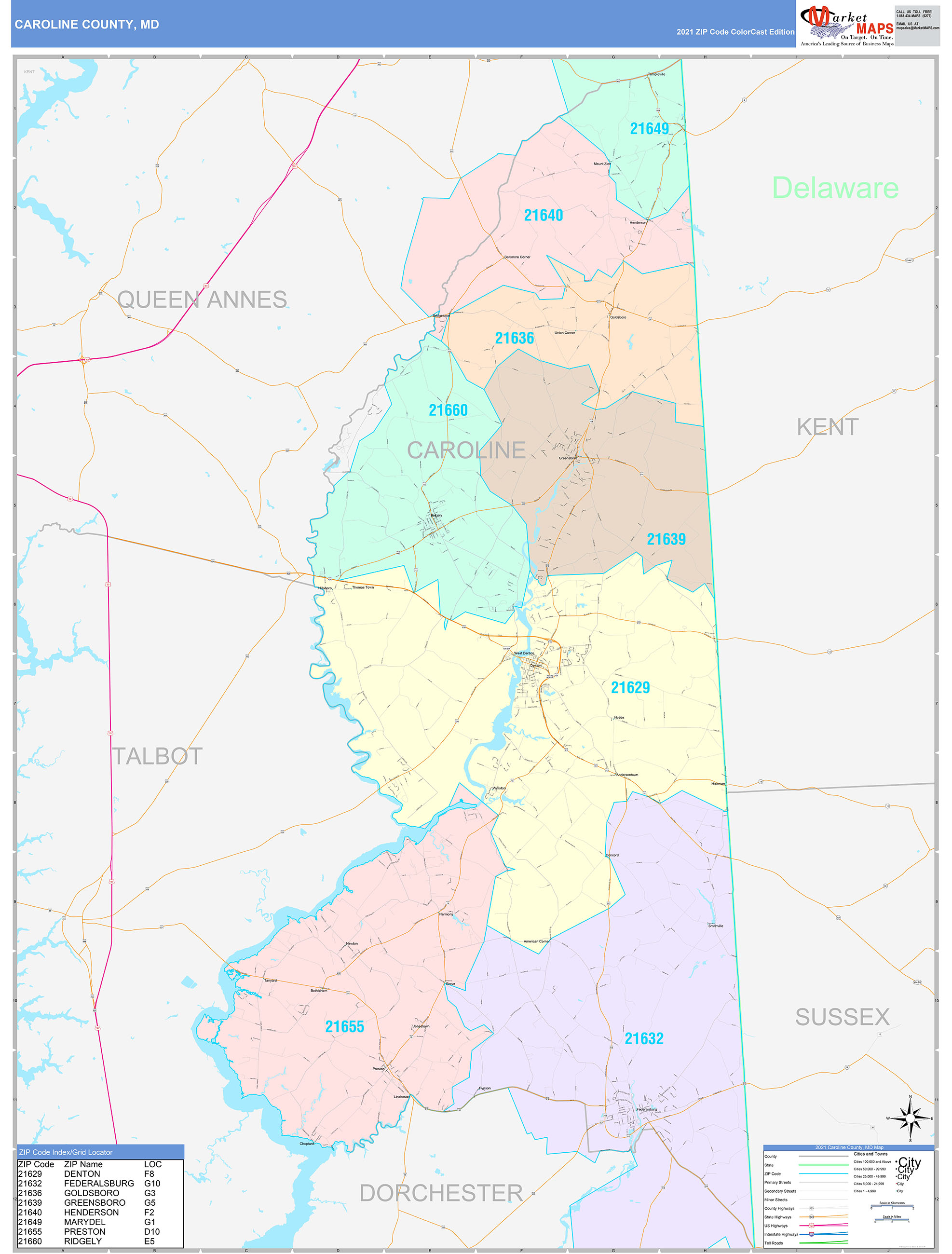 Caroline County, MD Wall Map Color Cast Style by MarketMAPS