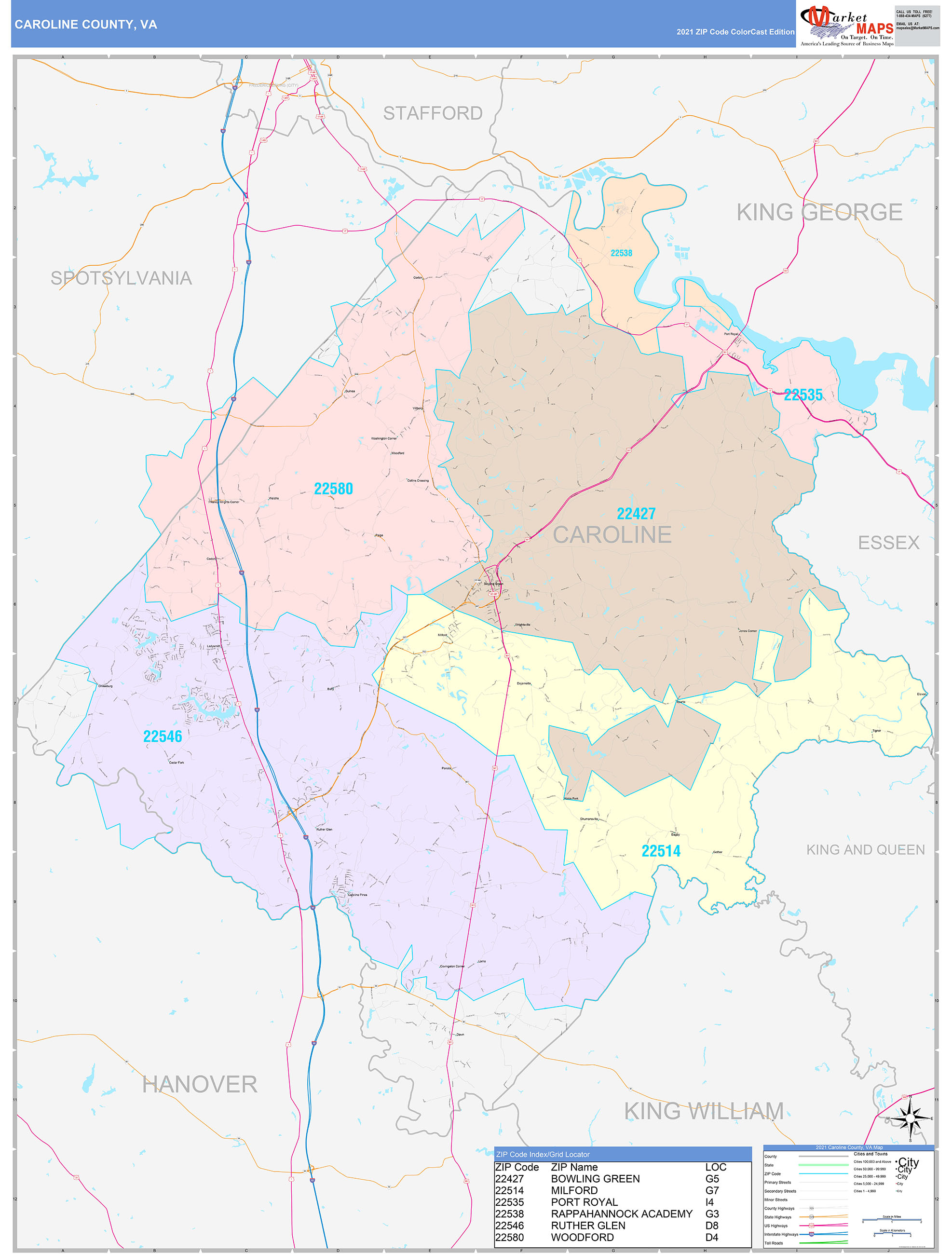 Caroline County, VA Wall Map Color Cast Style by MarketMAPS - MapSales.com