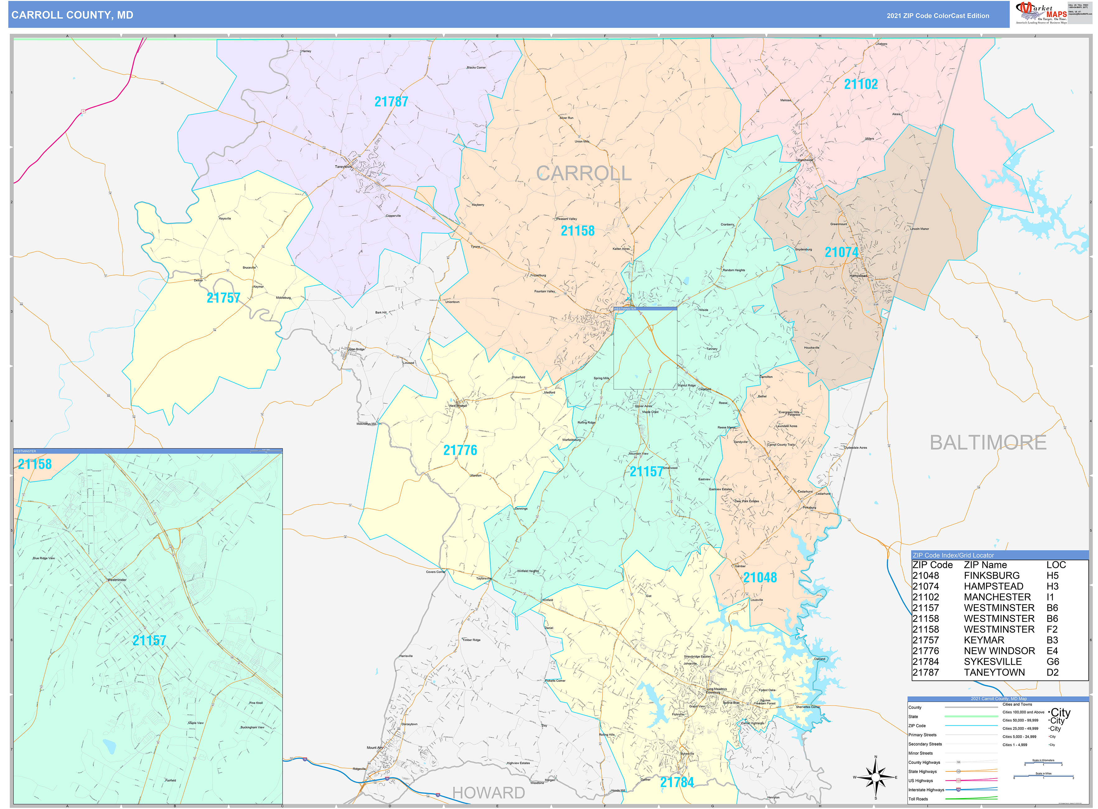Carroll County MD Wall Map Color Cast Style By MarketMAPS MapSales