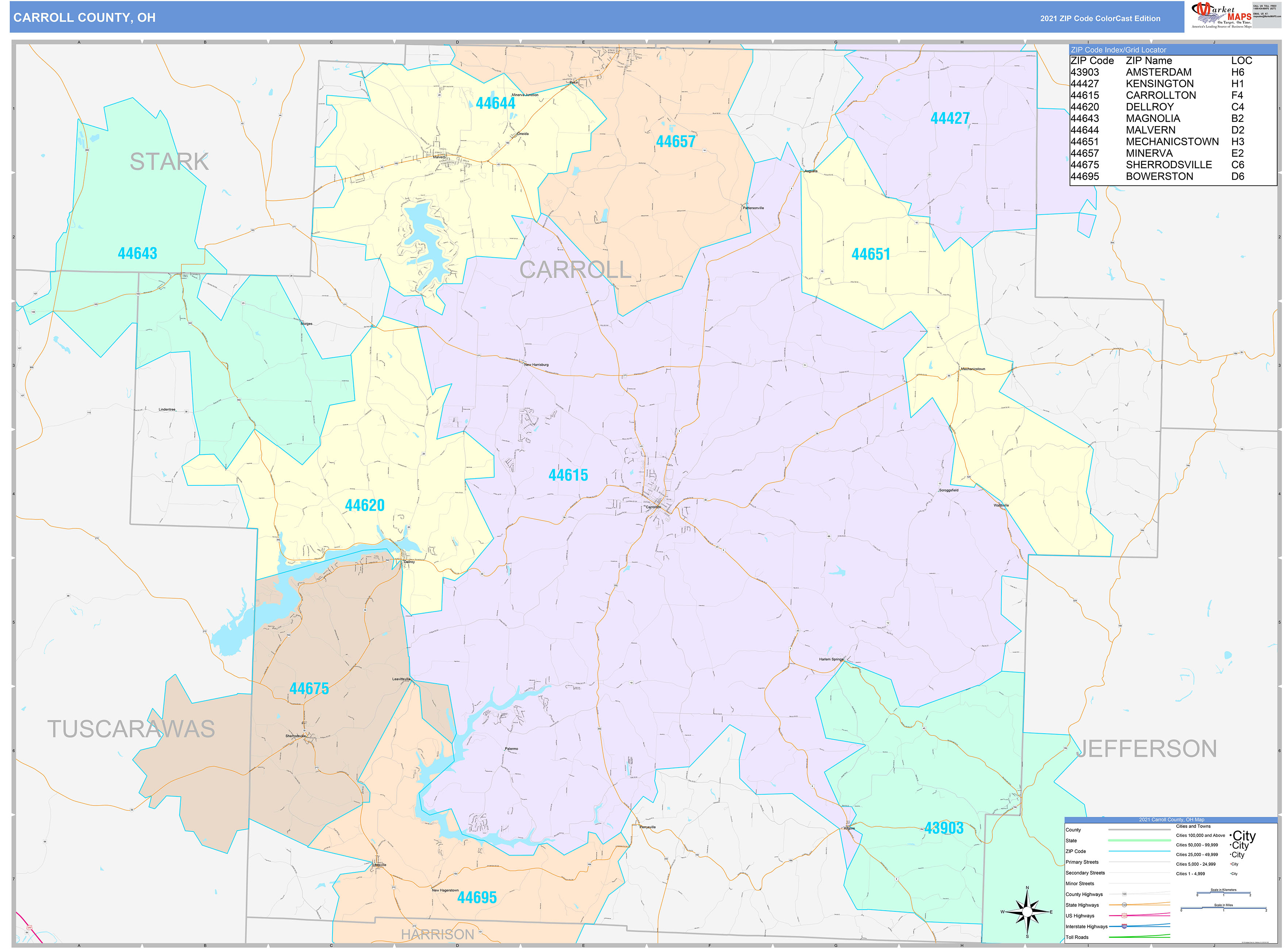 Carroll County, OH Wall Map Color Cast Style by MarketMAPS - MapSales