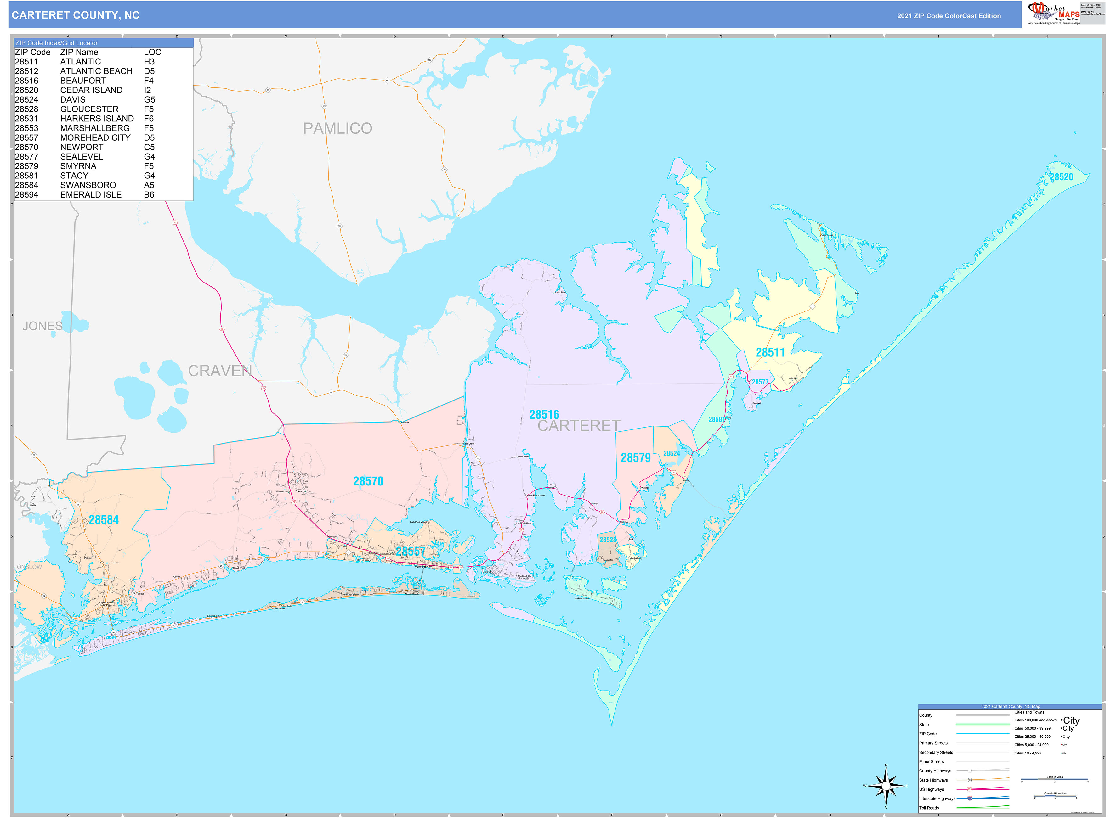 Carteret County NC Wall Map Color Cast Style By MarketMAPS