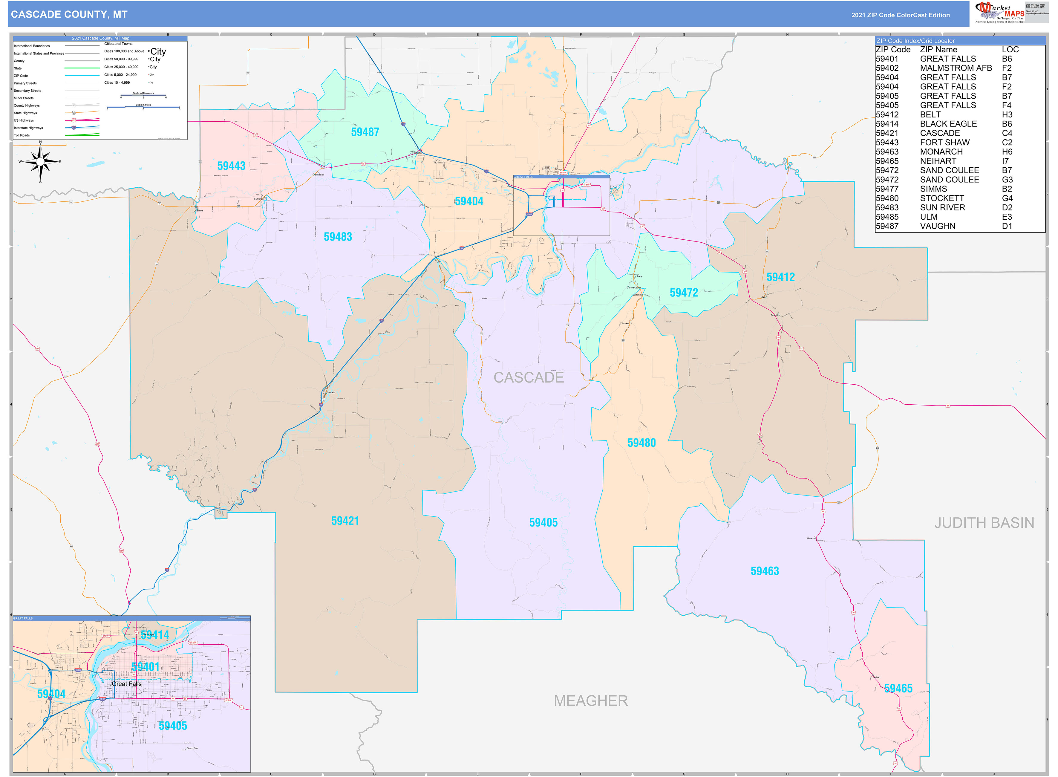 Cascade County, MT Wall Map Color Cast Style by MarketMAPS MapSales