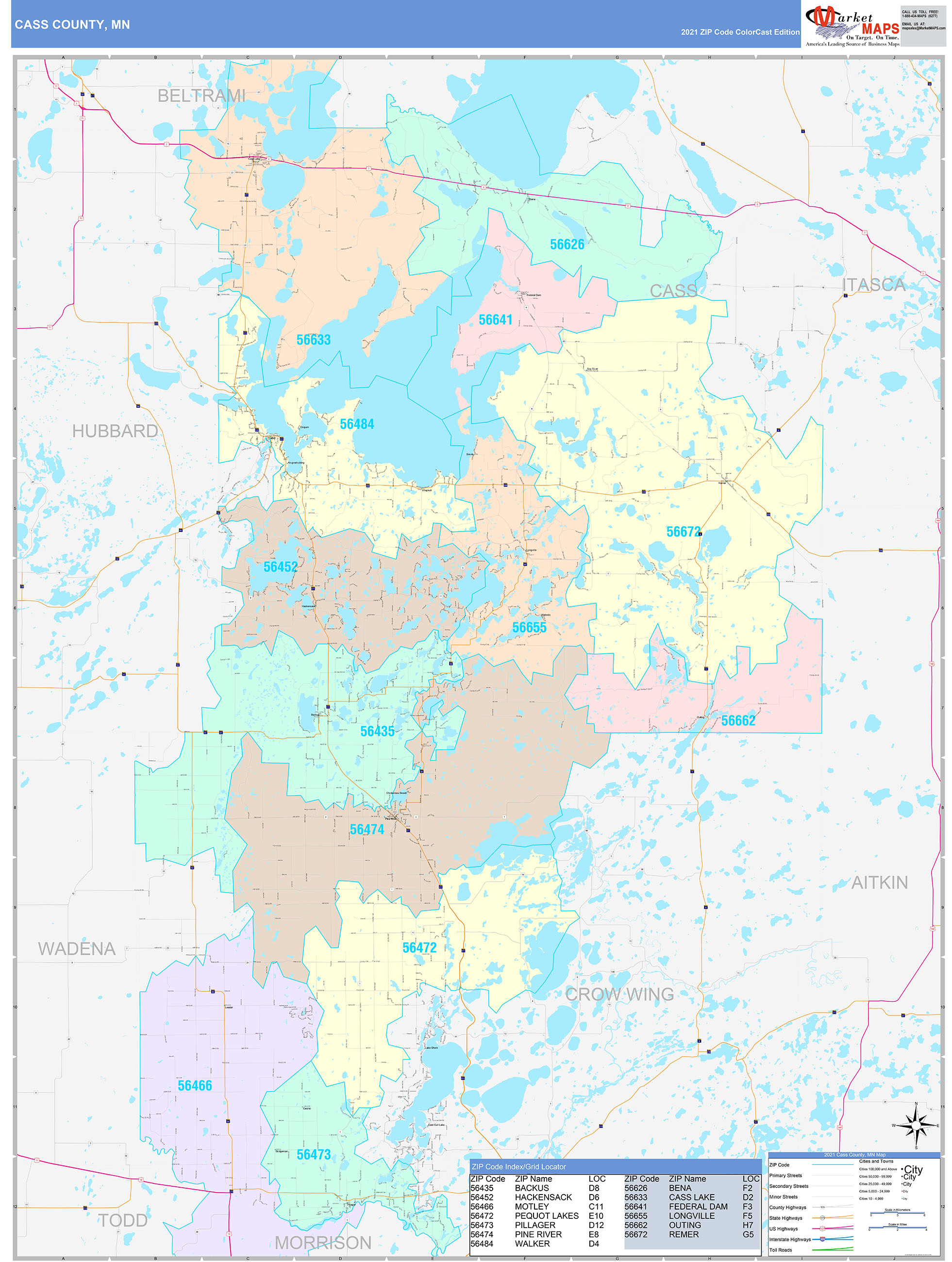 Cass County, MN Wall Map Color Cast Style by MarketMAPS MapSales