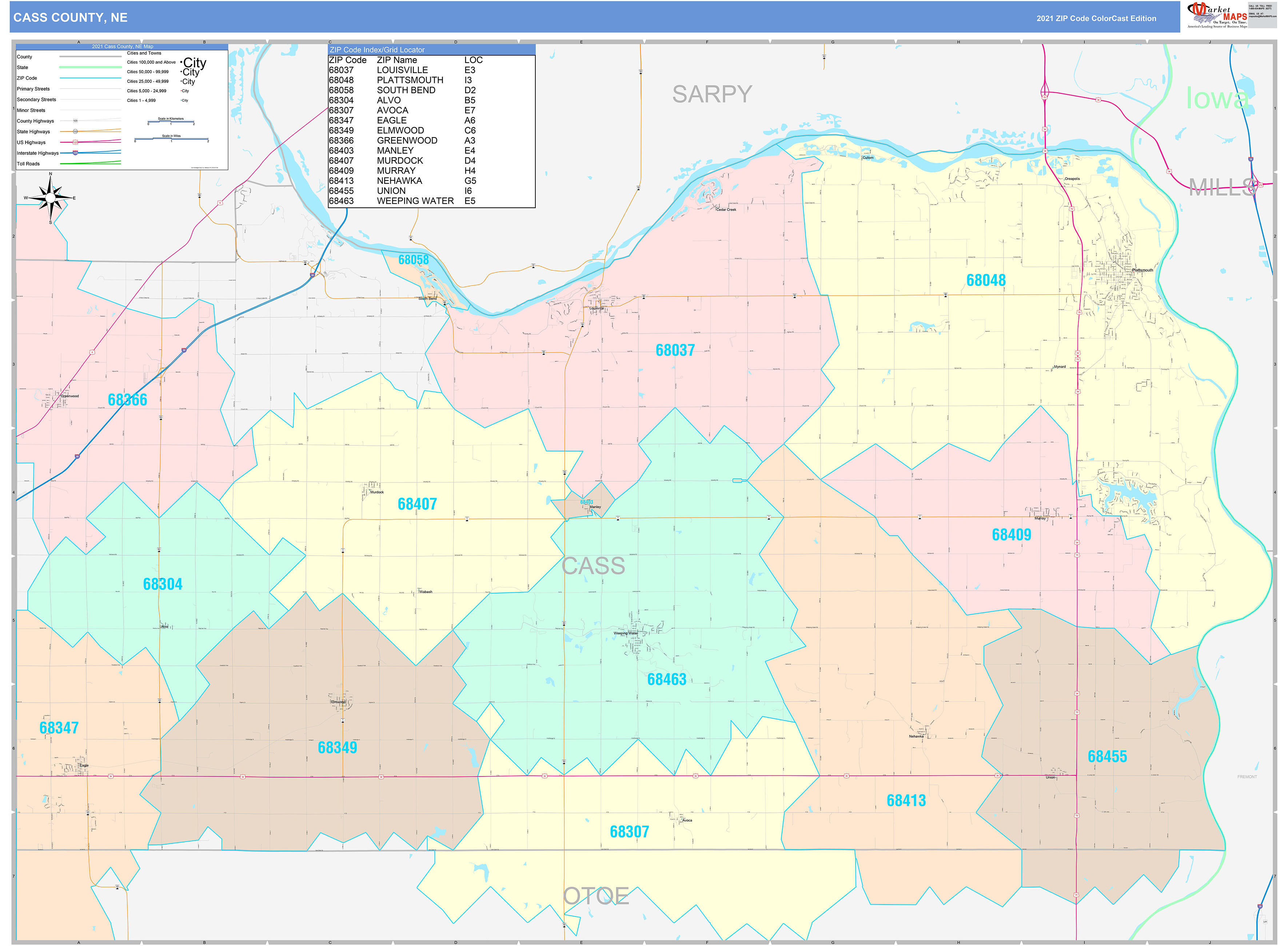 Cass County, NE Wall Map Color Cast Style by MarketMAPS