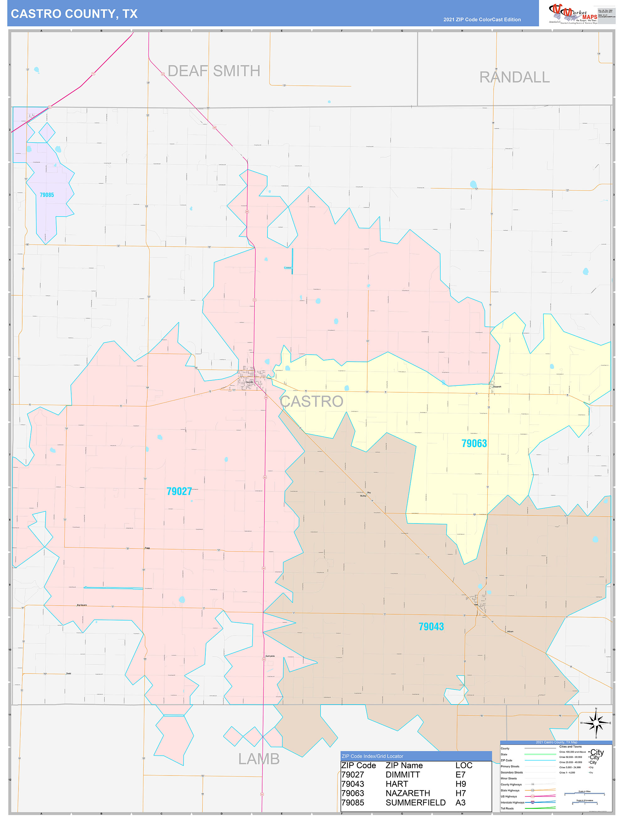 Castro County, TX Wall Map Color Cast Style by MarketMAPS