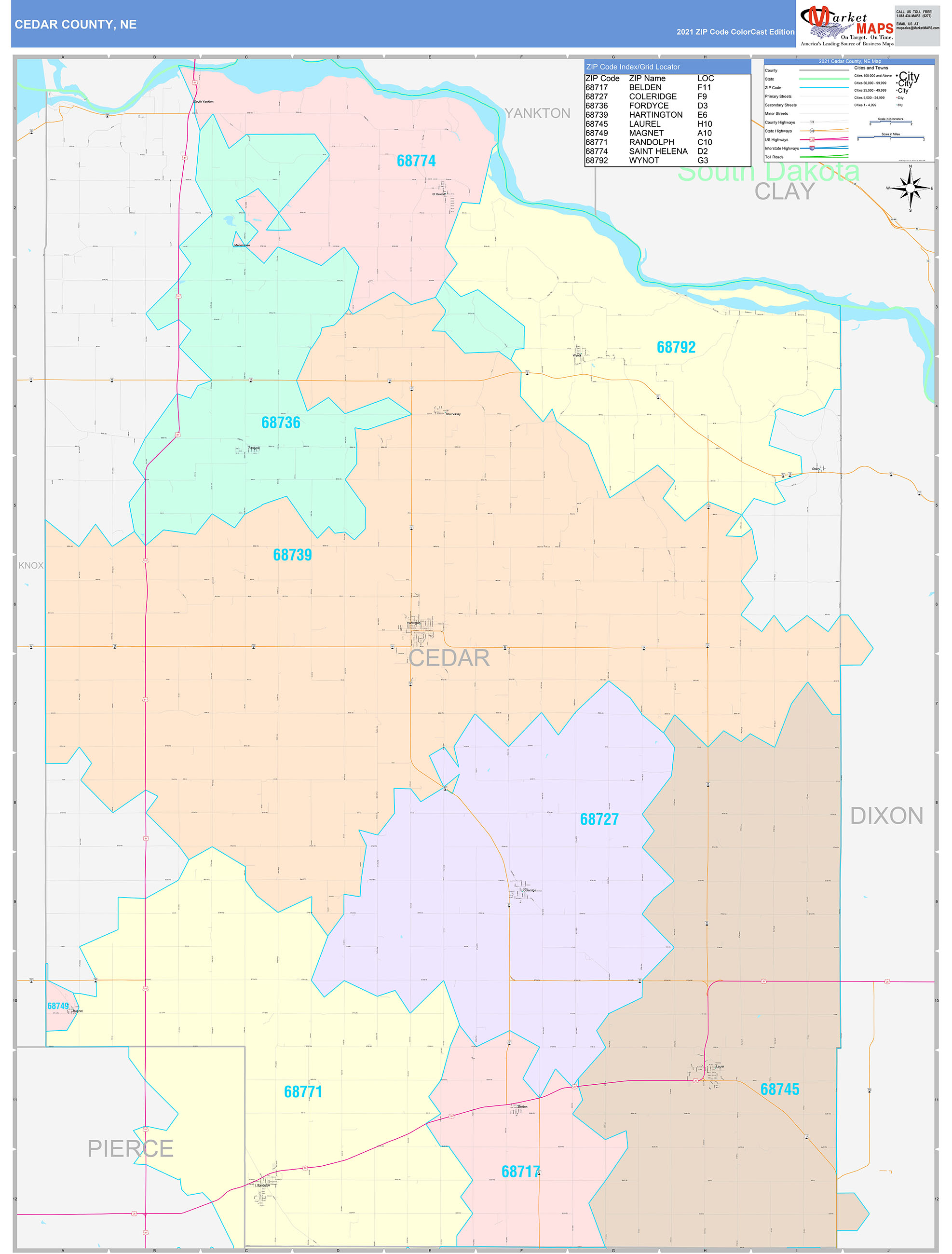 Cedar County, NE Wall Map Color Cast Style by MarketMAPS MapSales