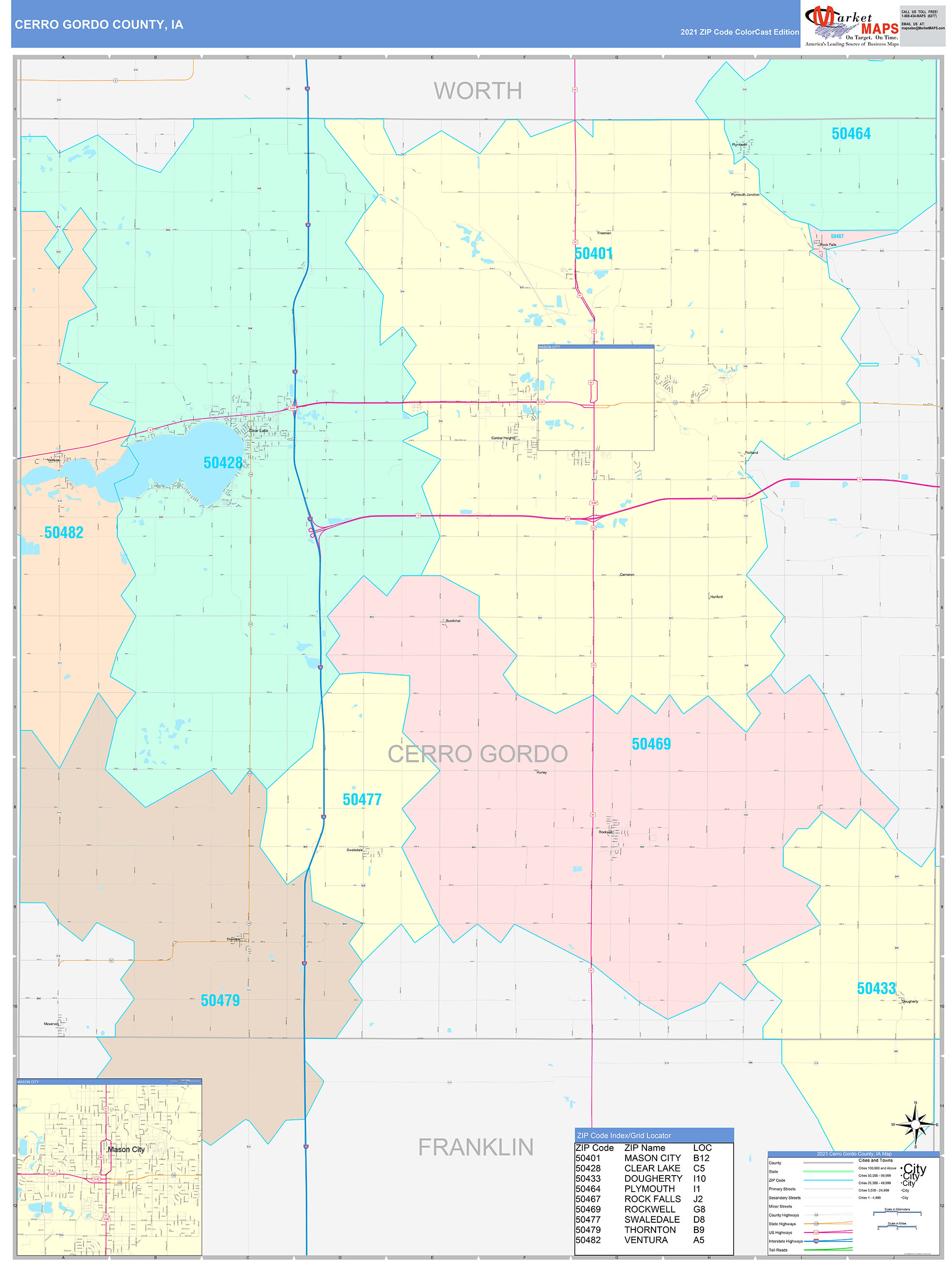 Cerro Gordo County, IA Wall Map Color Cast Style by MarketMAPS MapSales