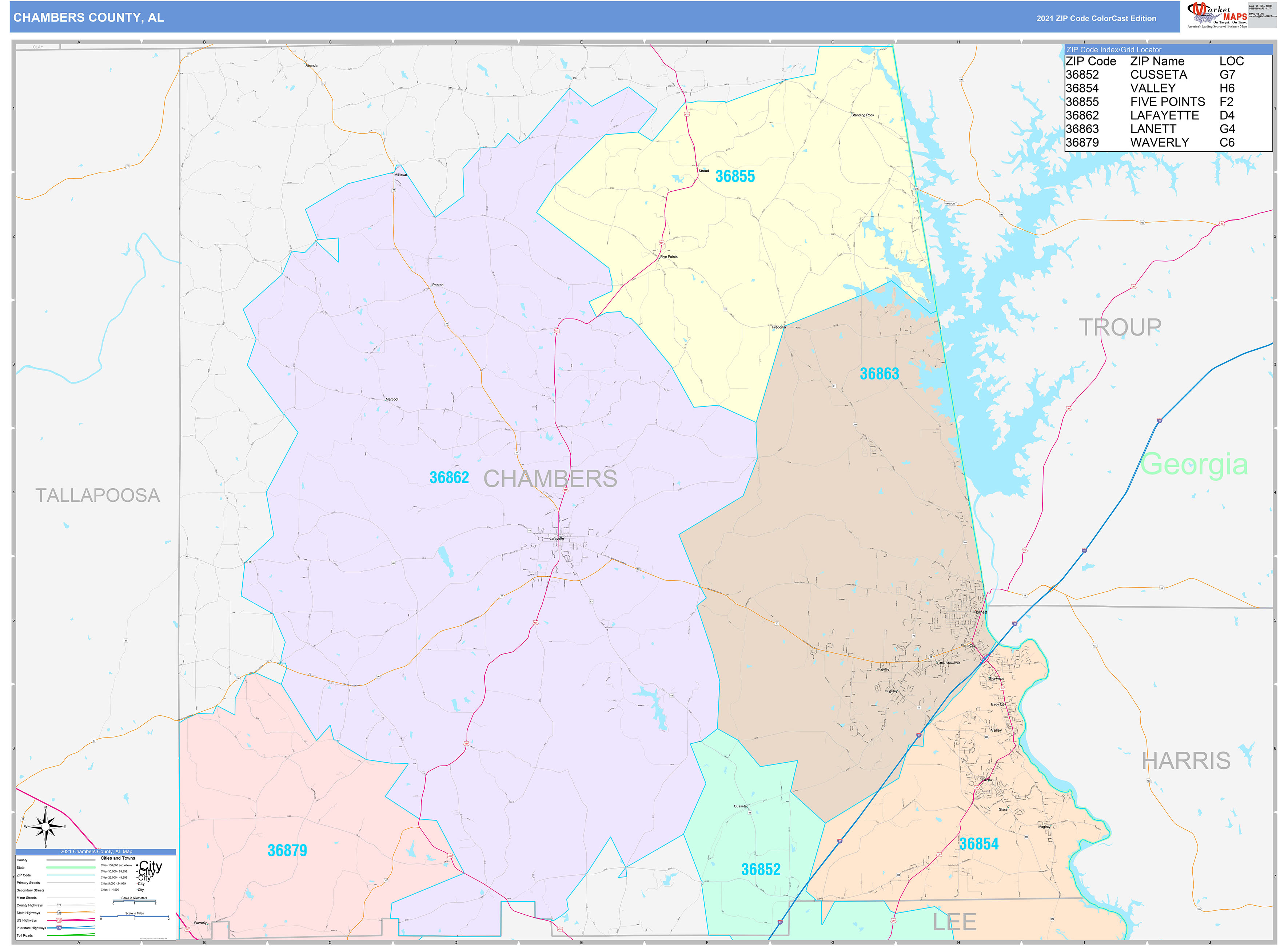 Chambers County, AL Wall Map Color Cast Style by MarketMAPS