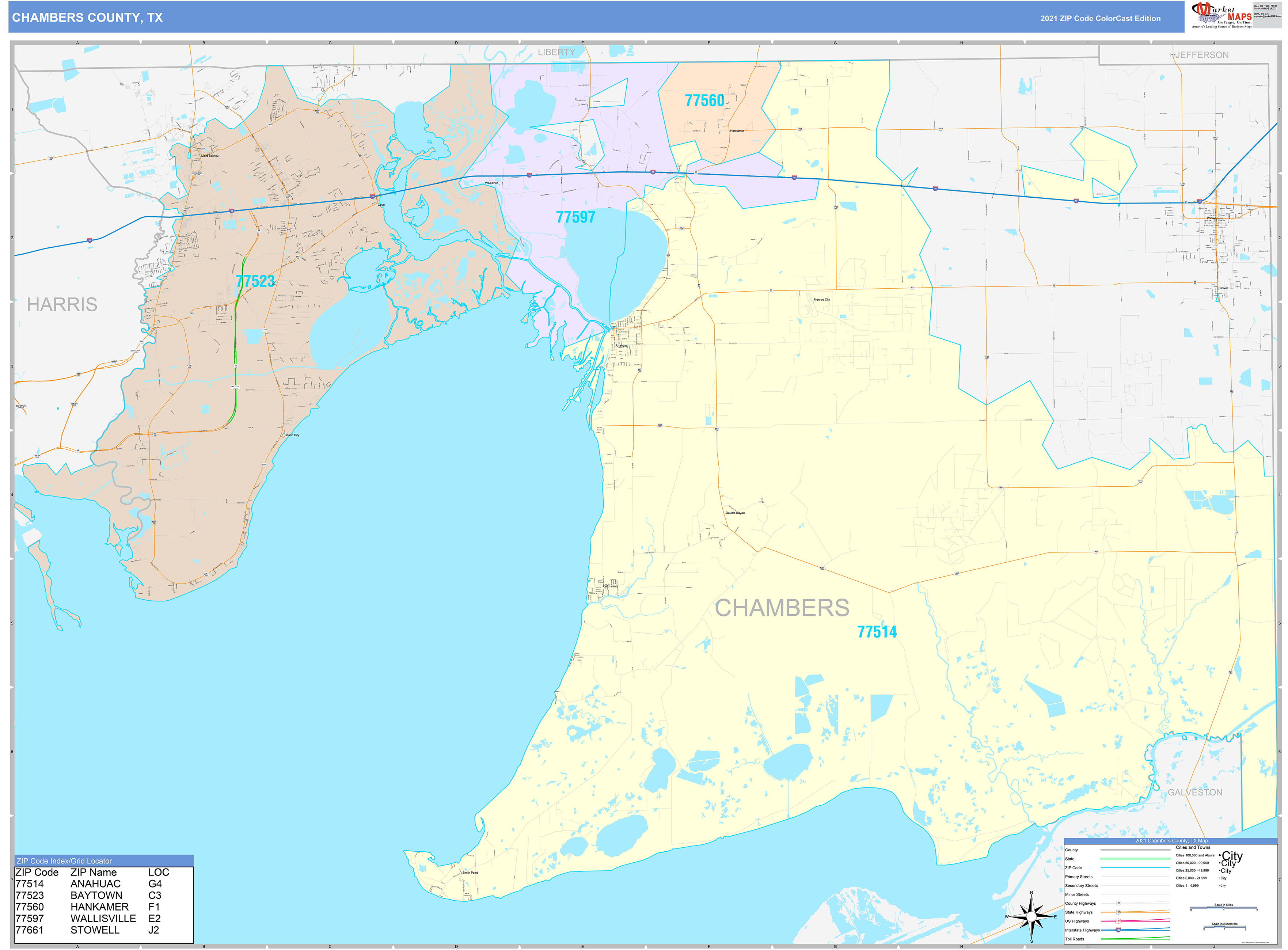 Chambers County, TX Wall Map Color Cast Style by MarketMAPS