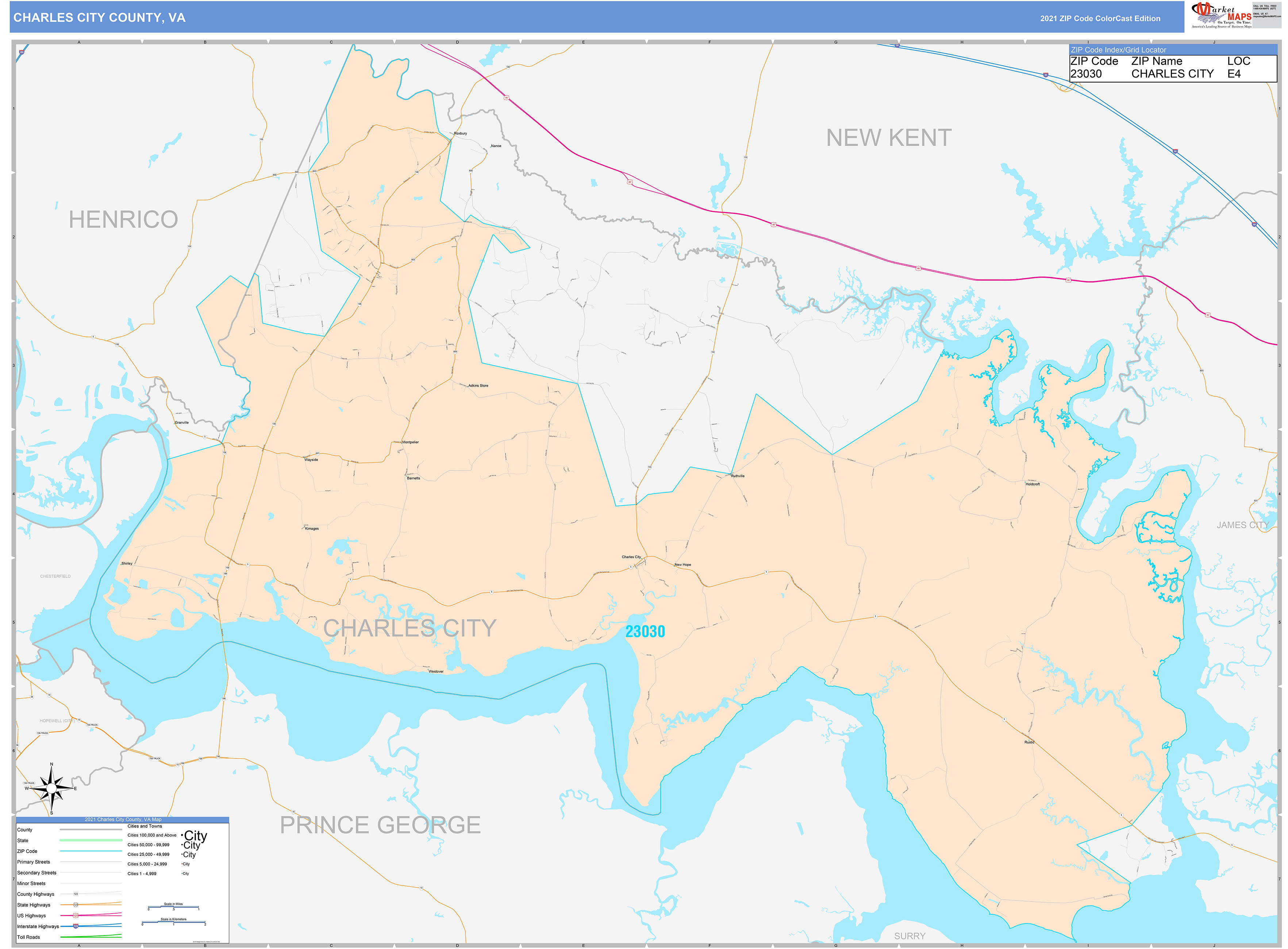 Charles City County, VA Wall Map Color Cast Style by MarketMAPS