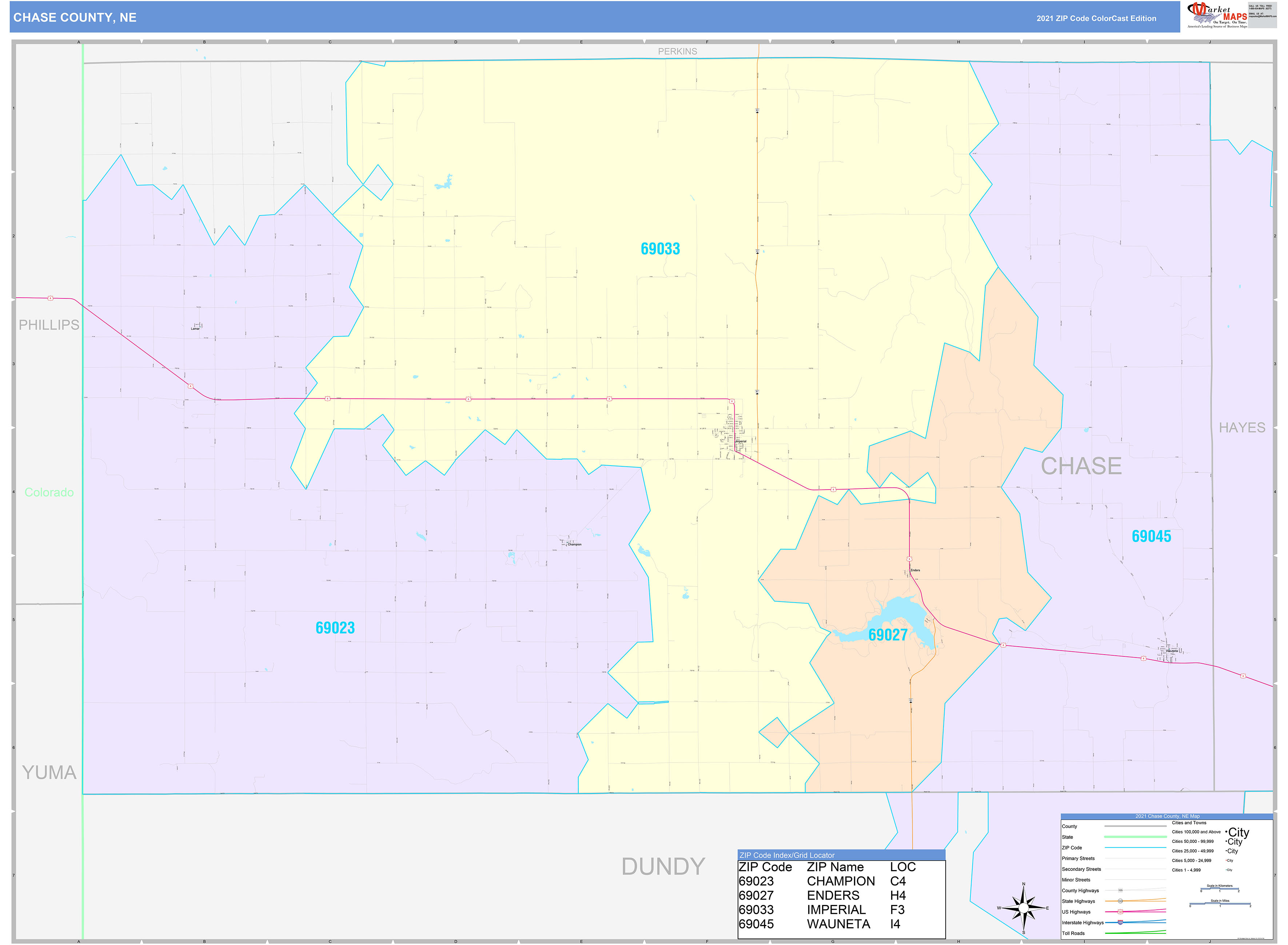 Chase County, NE Wall Map Color Cast Style by MarketMAPS