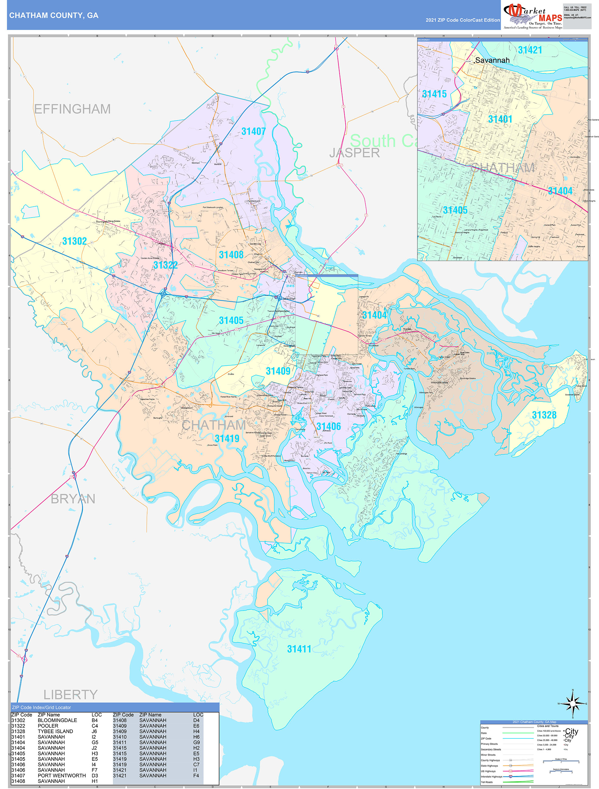 Chatham County, GA Wall Map Color Cast Style by MarketMAPS
