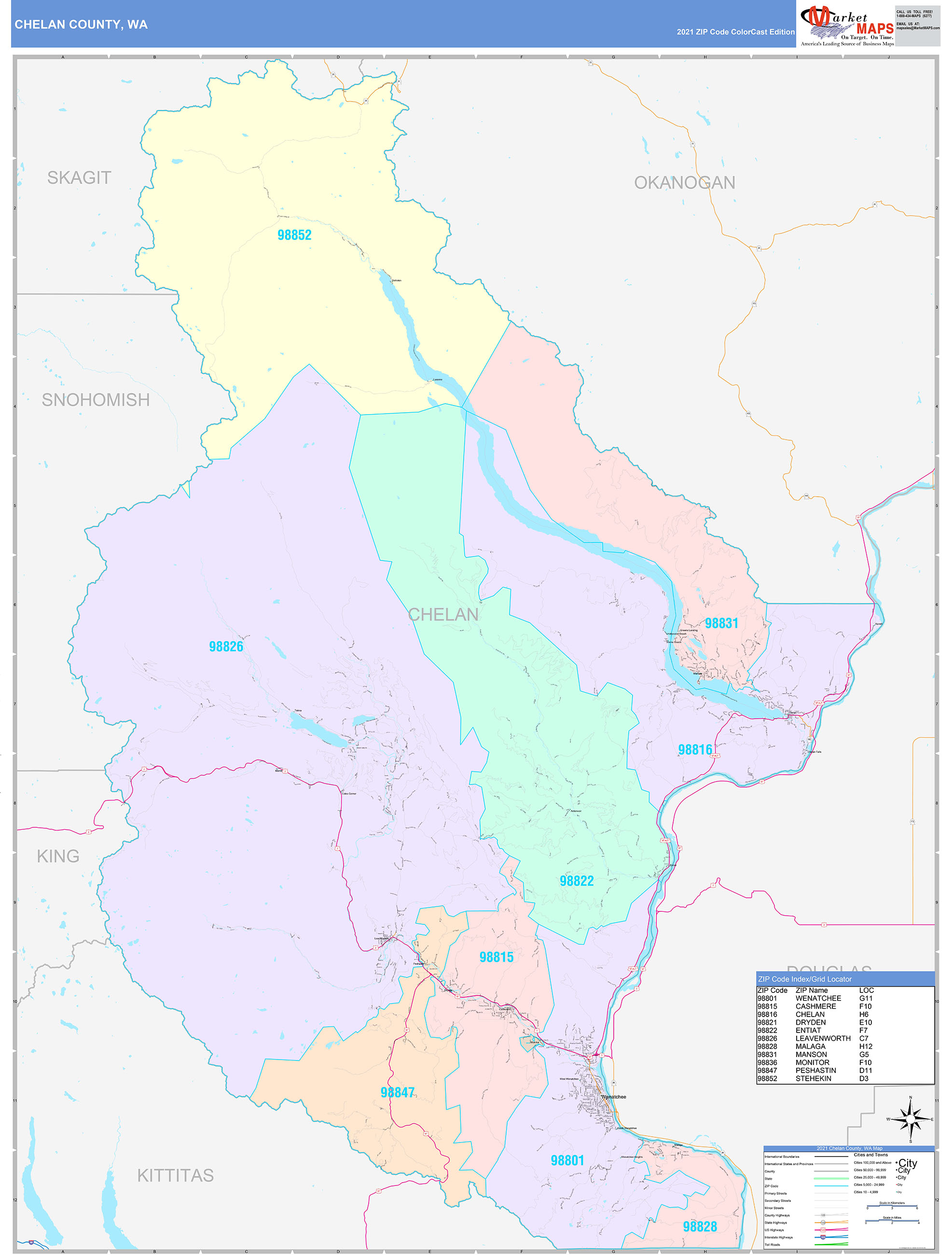 Chelan County, WA Wall Map Color Cast Style by MarketMAPS - MapSales.com