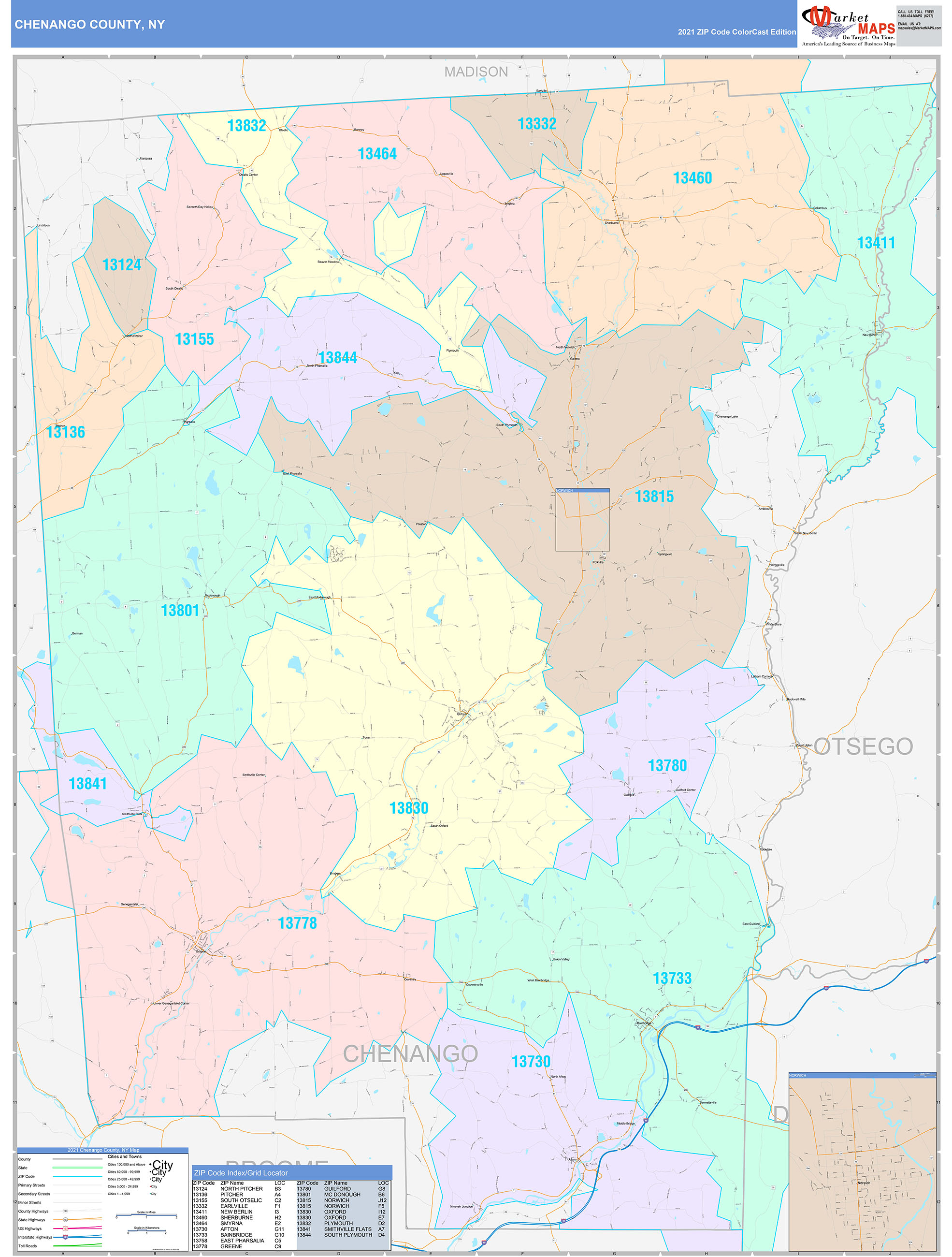 Chenango County, NY Wall Map Color Cast Style by MarketMAPS MapSales