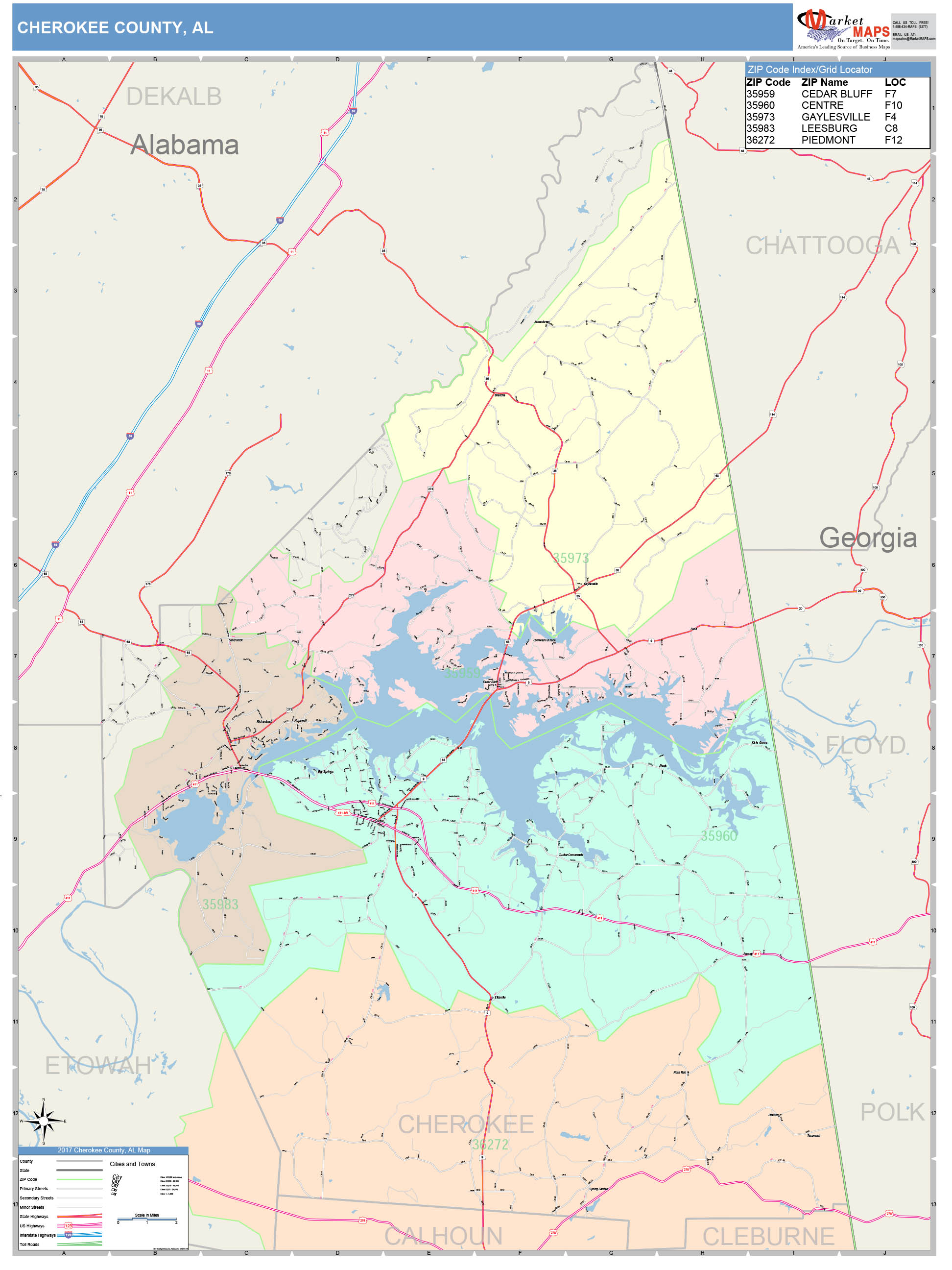 Cherokee County, AL Wall Map Color Cast Style by MarketMAPS MapSales