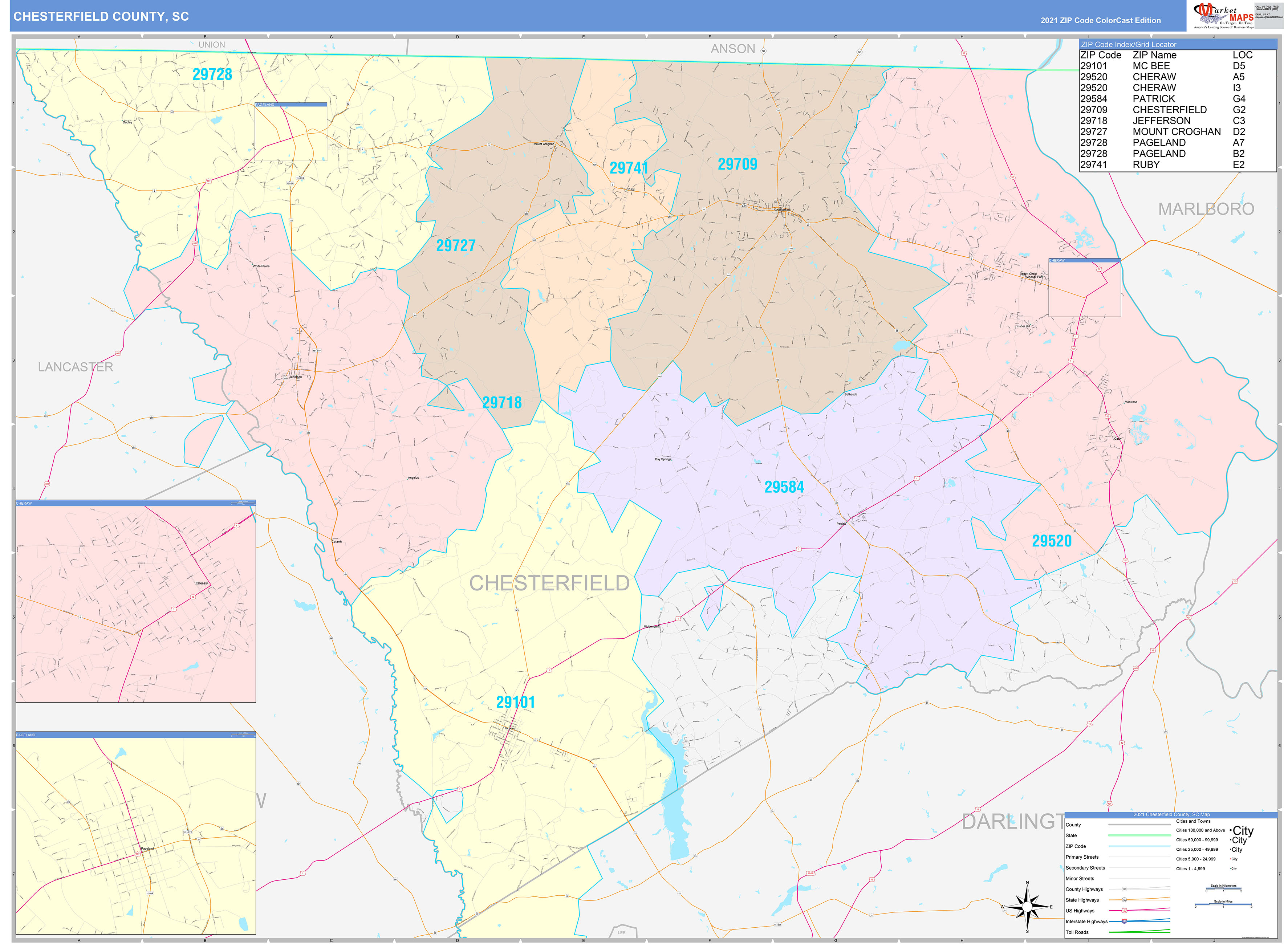 Chesterfield County, SC Wall Map Color Cast Style by MarketMAPS