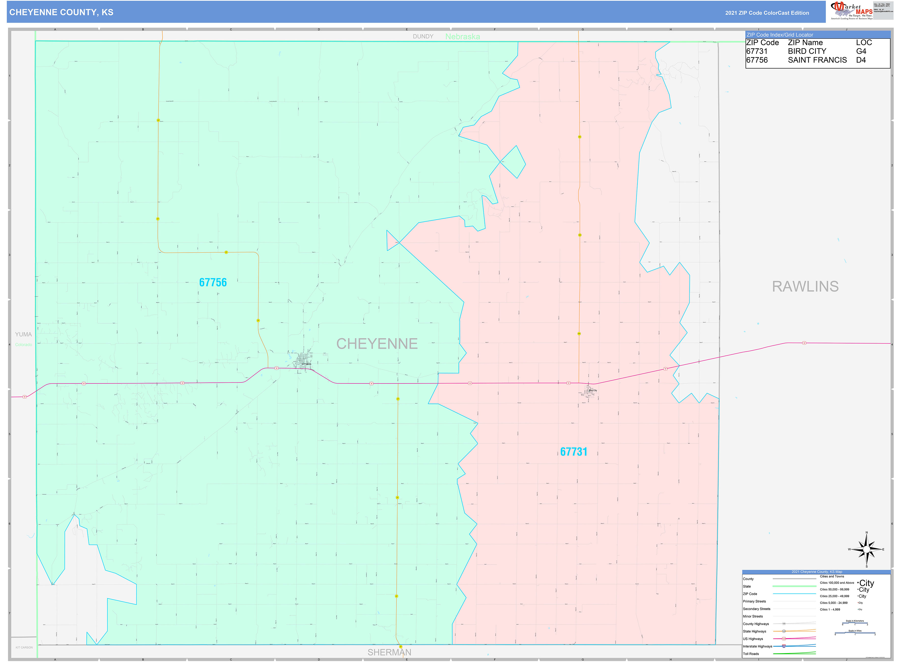 Cheyenne County, KS Wall Map Color Cast Style by MarketMAPS