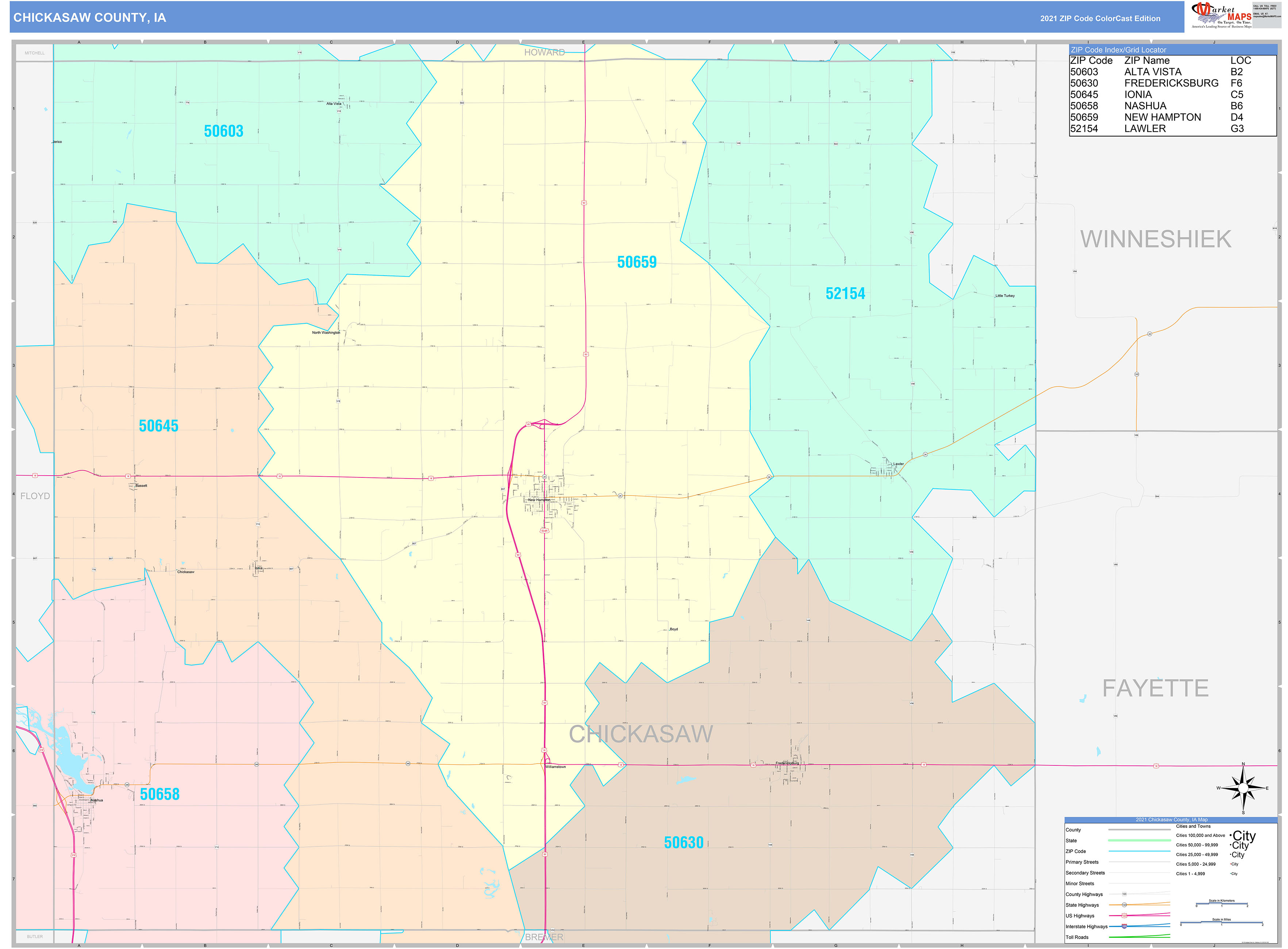 Chickasaw County, IA Wall Map Color Cast Style by MarketMAPS
