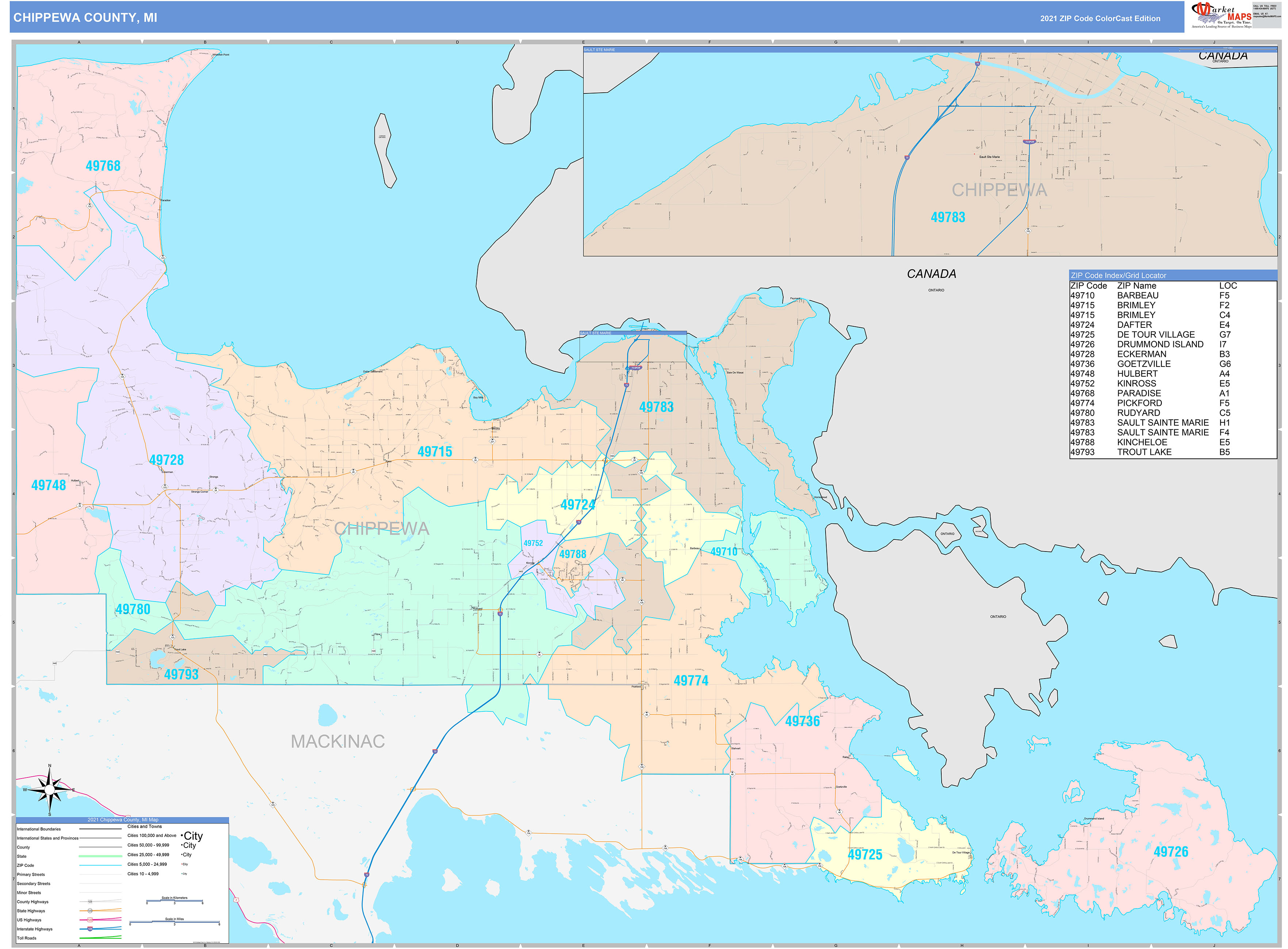 Chippewa County, MI Wall Map Color Cast Style by MarketMAPS