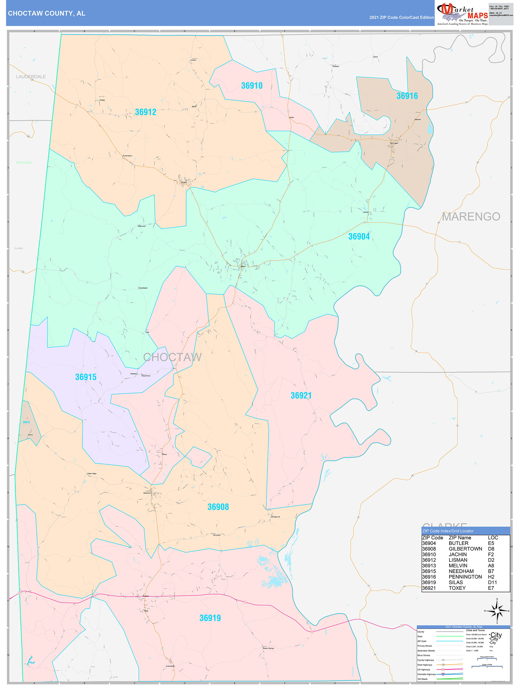 Choctaw County, AL Wall Map Color Cast Style by MarketMAPS