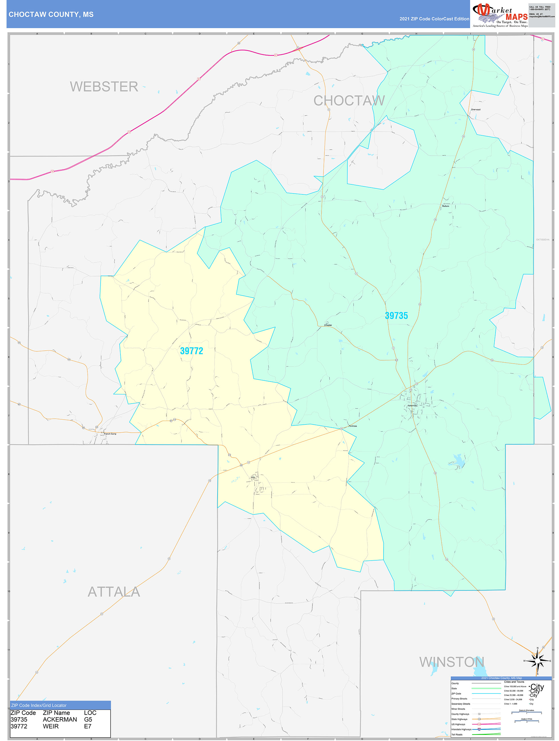 Choctaw County, MS Wall Map Color Cast Style by MarketMAPS