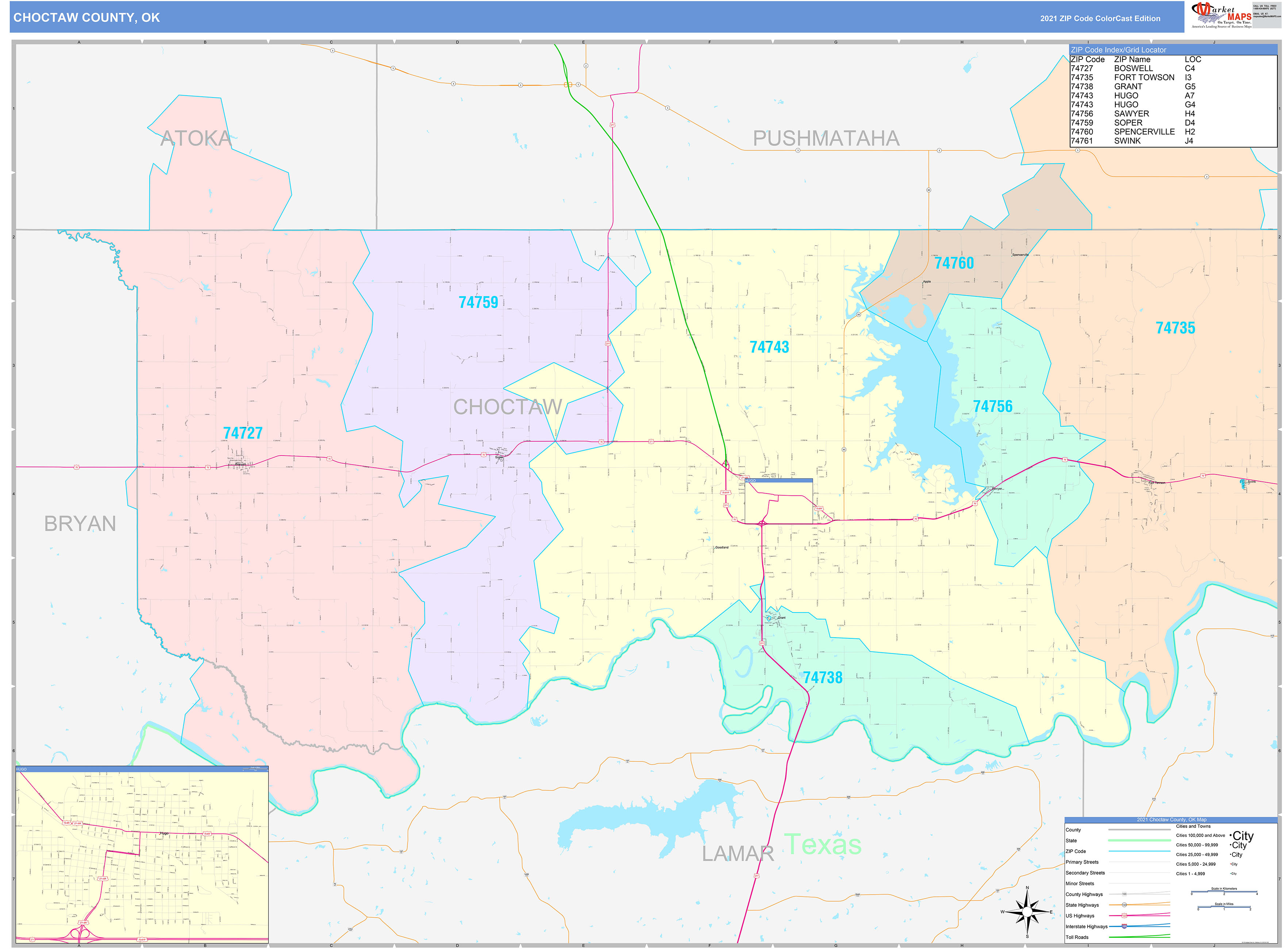 Choctaw County, OK Wall Map Color Cast Style by MarketMAPS