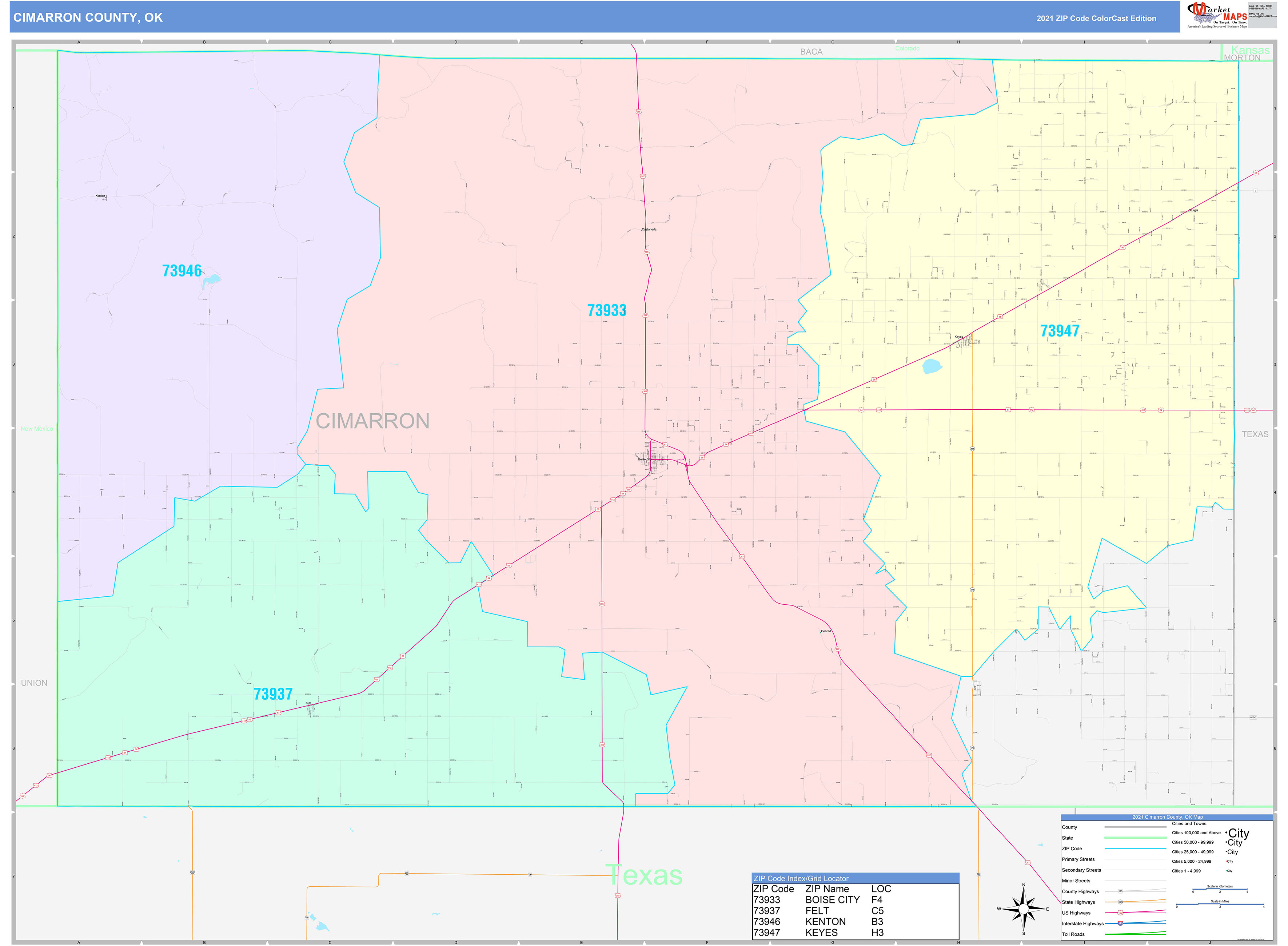 Cimarron County, OK Wall Map Color Cast Style by MarketMAPS