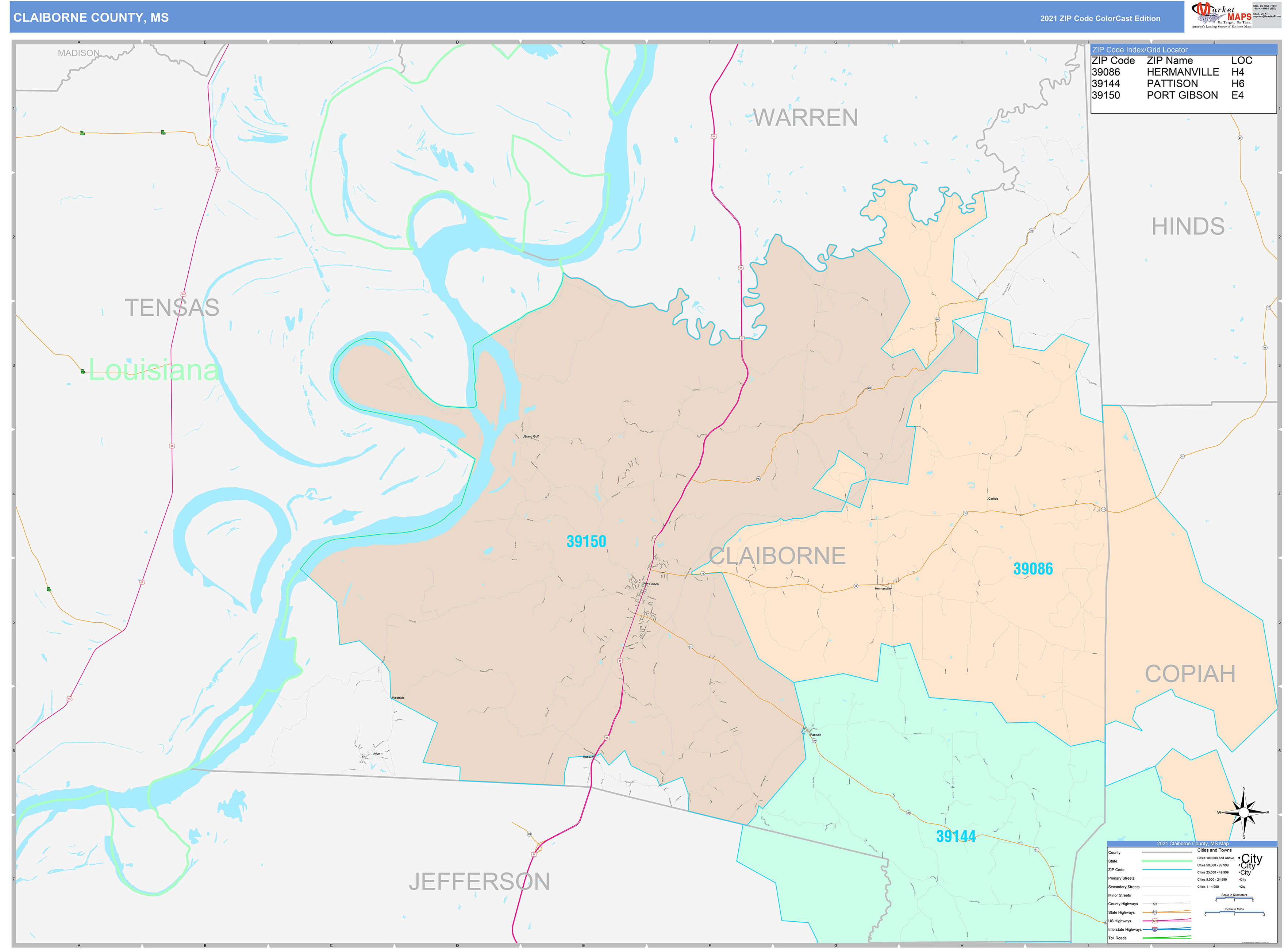 Claiborne County, MS Wall Map Color Cast Style by MarketMAPS MapSales