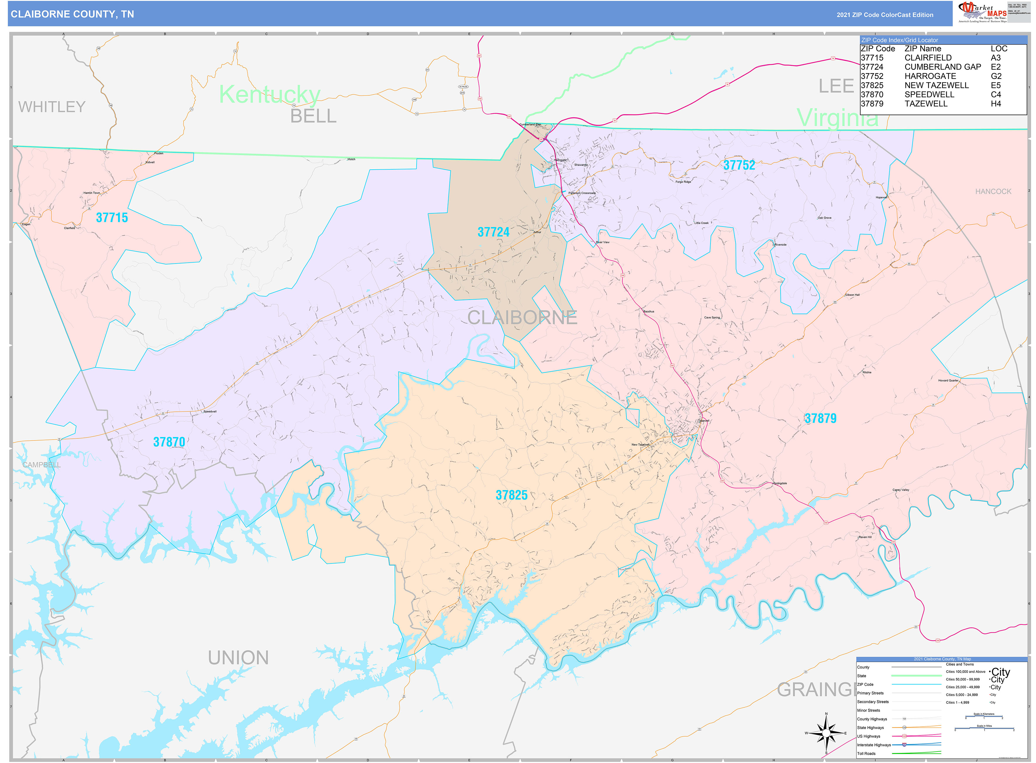 Claiborne County, TN Wall Map Color Cast Style by MarketMAPS