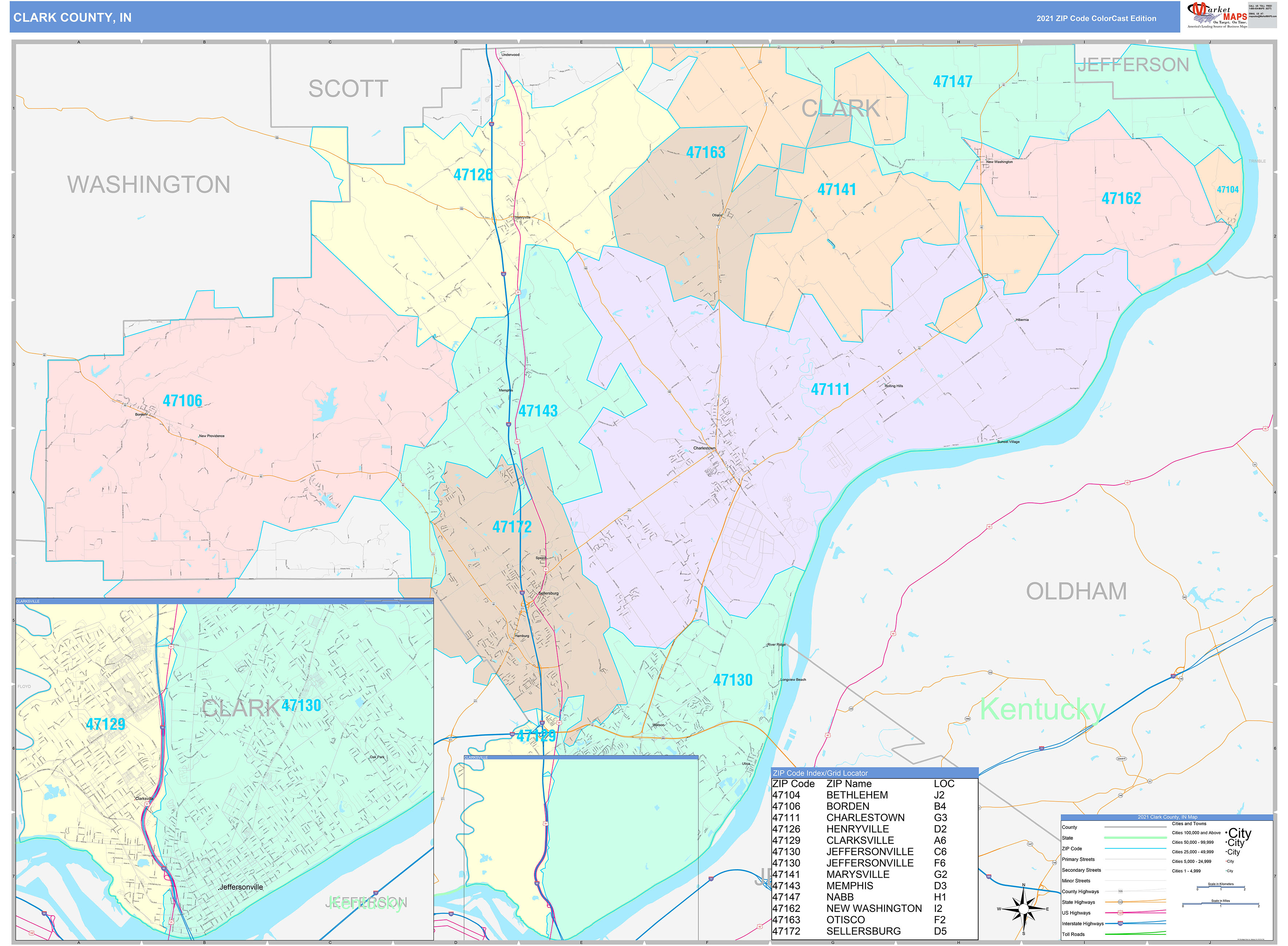 Clark County, IN Wall Map Color Cast Style by MarketMAPS