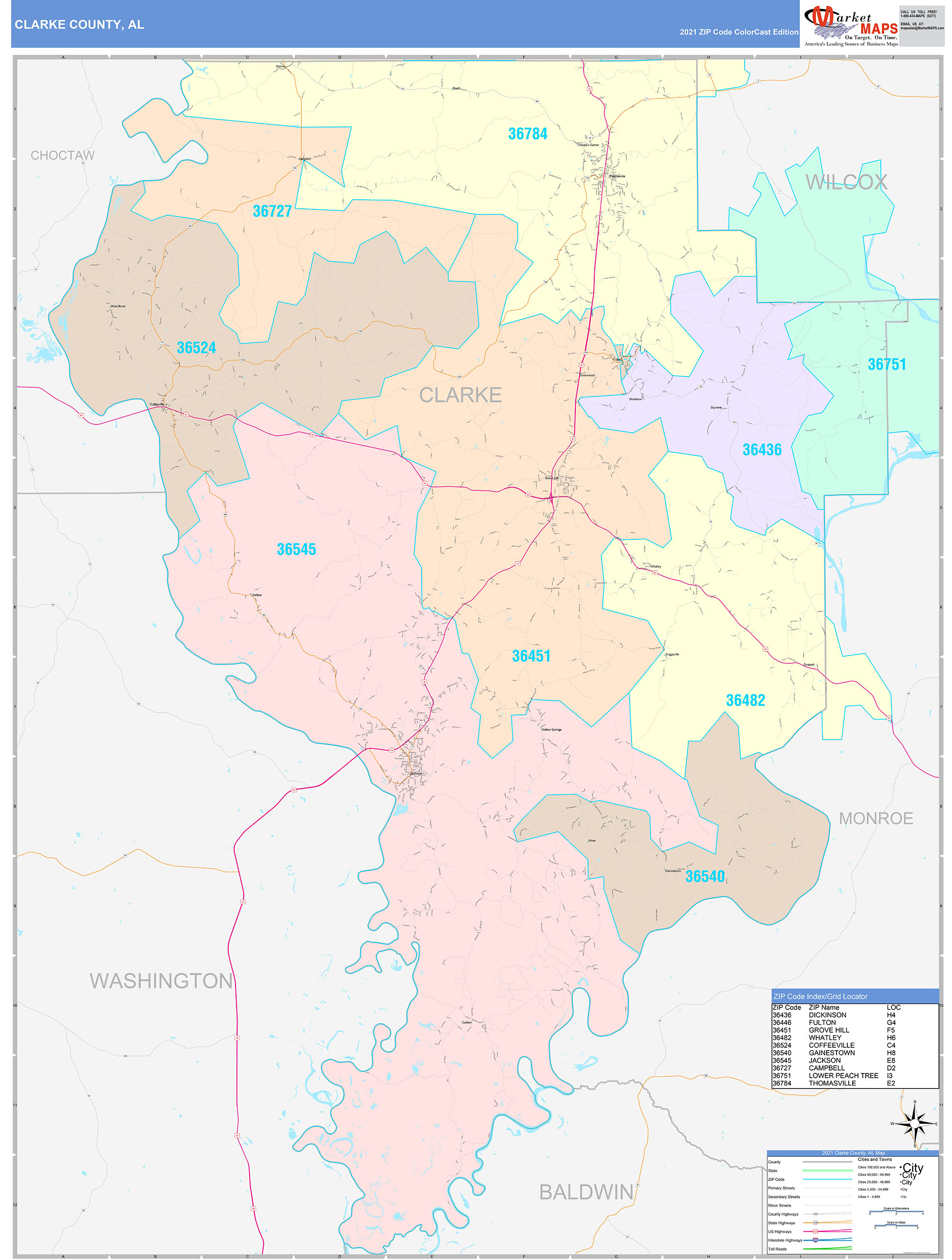 Clarke County, AL Wall Map Color Cast Style by MarketMAPS