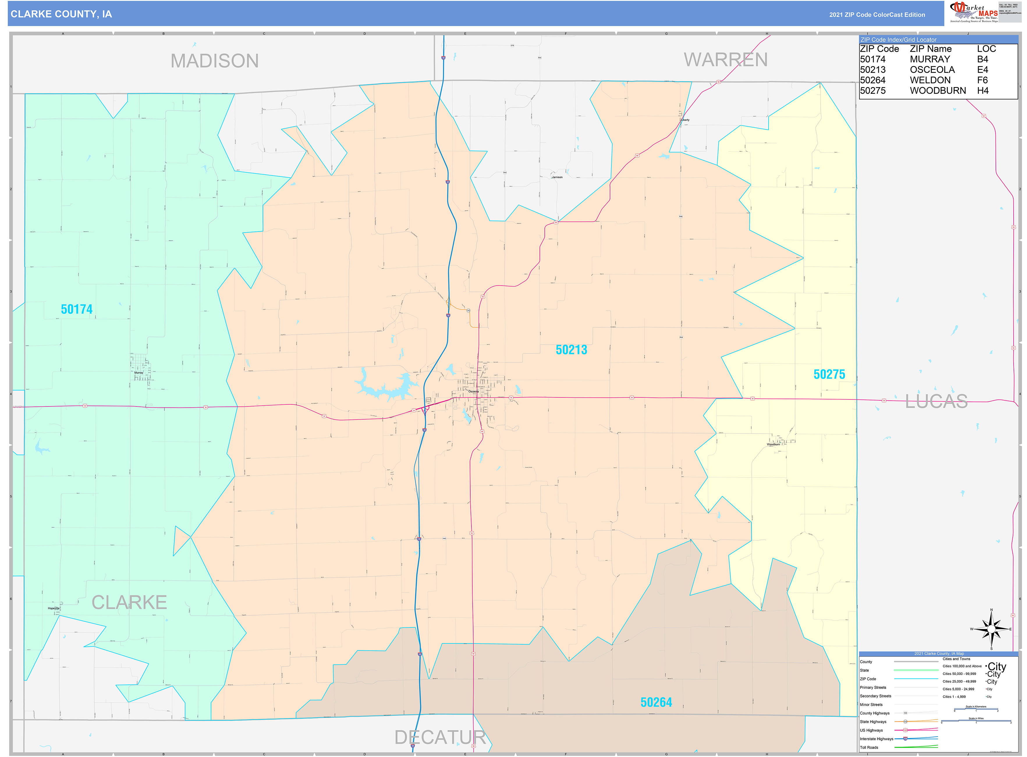 Clarke County, IA Wall Map Color Cast Style by MarketMAPS