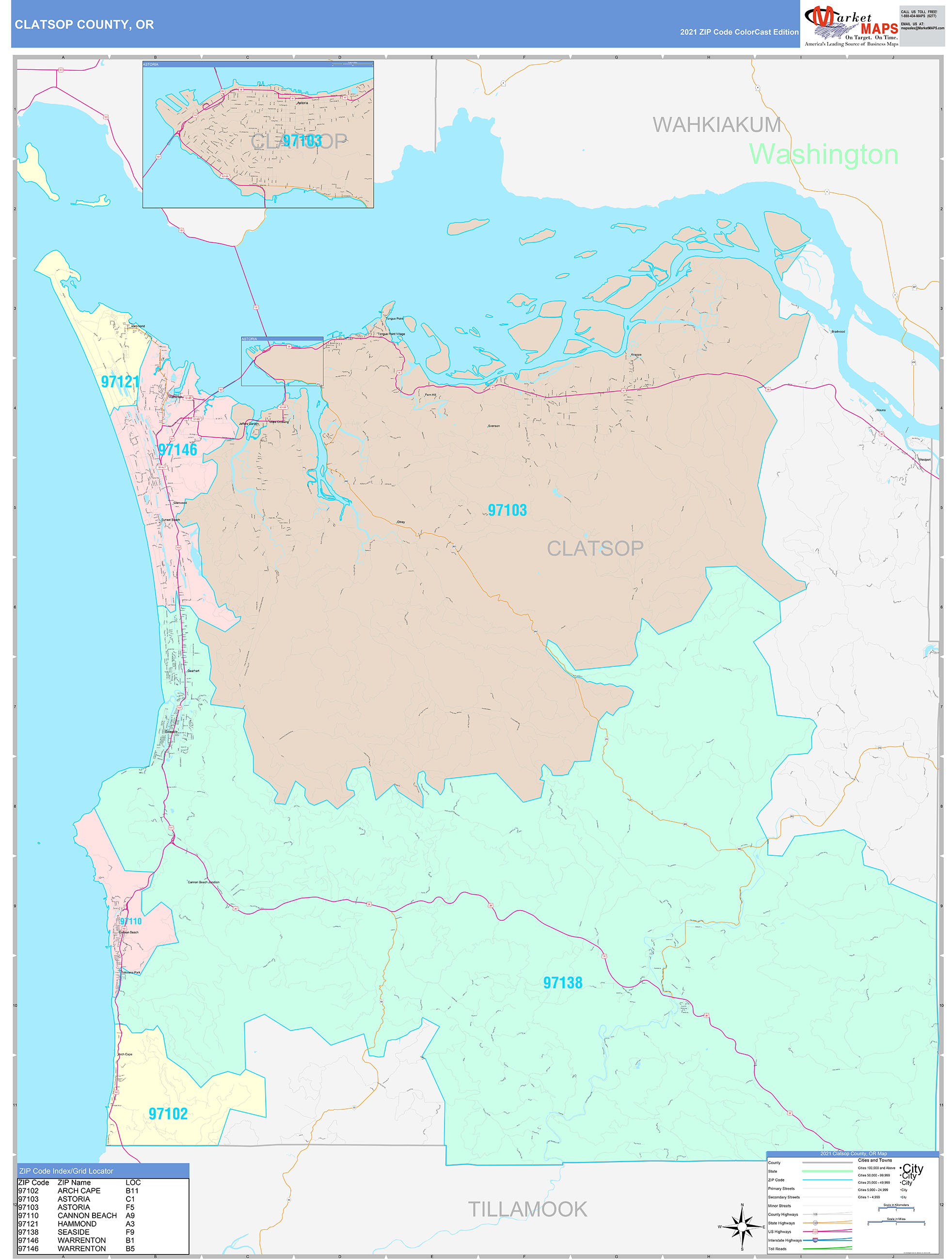 Clatsop County, OR Wall Map Color Cast Style by MarketMAPS