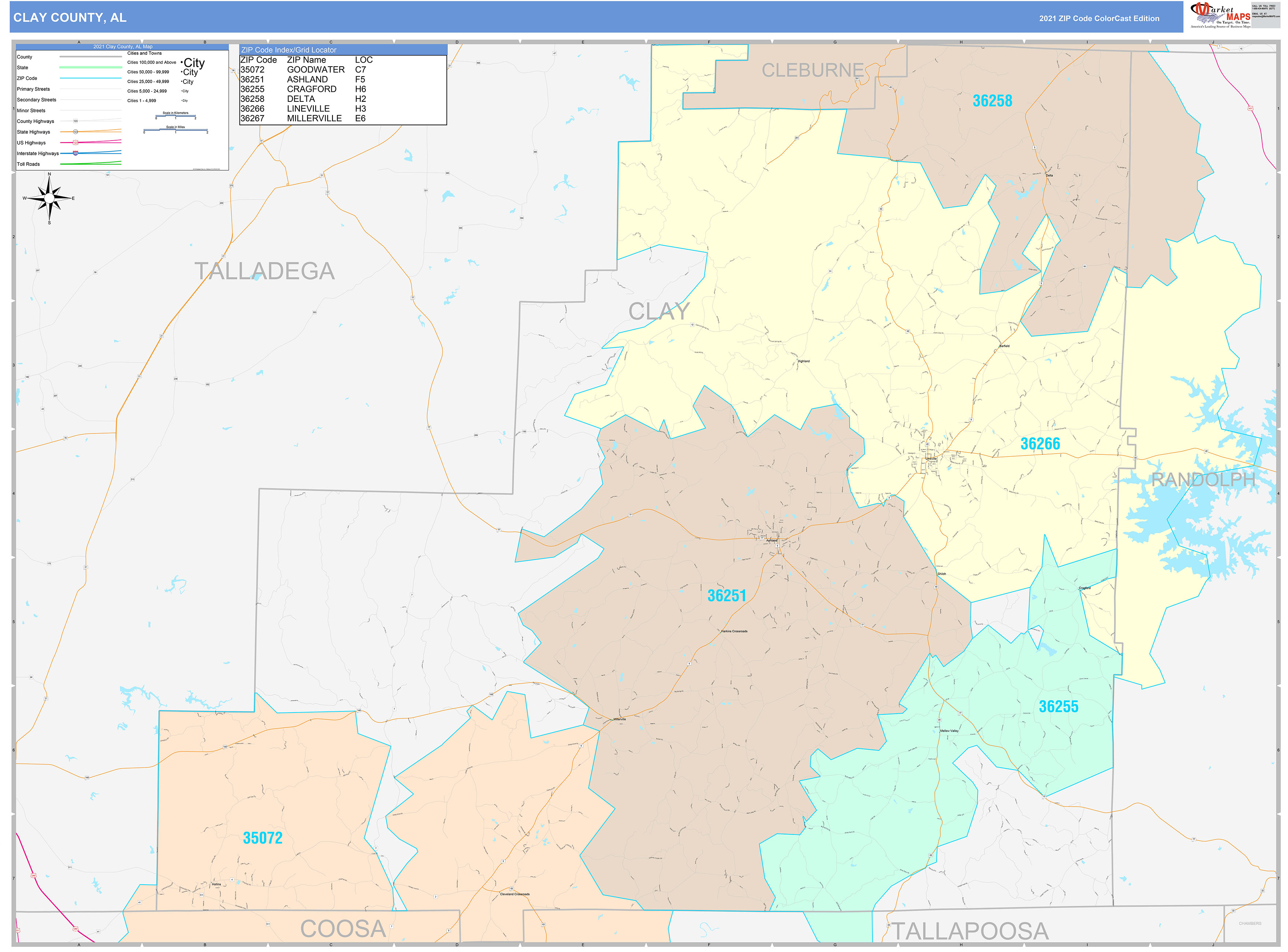 Clay County, AL Wall Map Color Cast Style by MarketMAPS