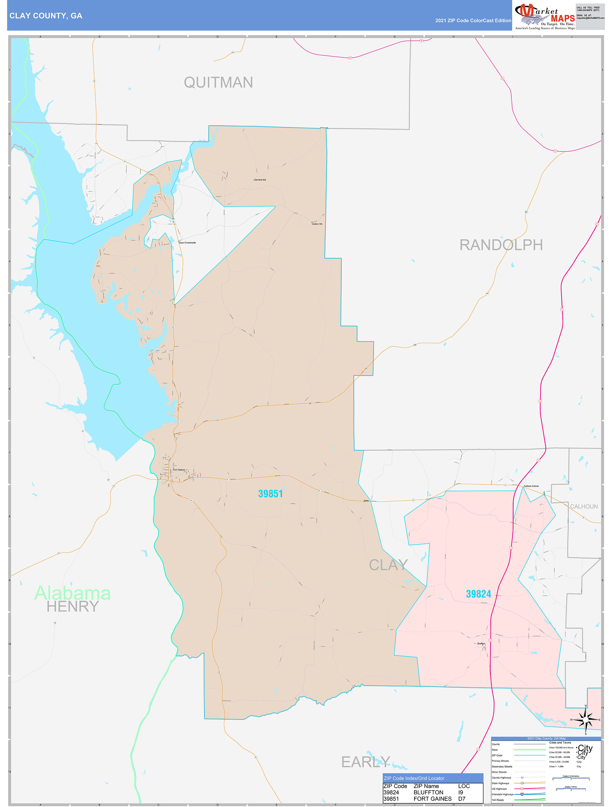 Clay County, GA Wall Map Color Cast Style by MarketMAPS