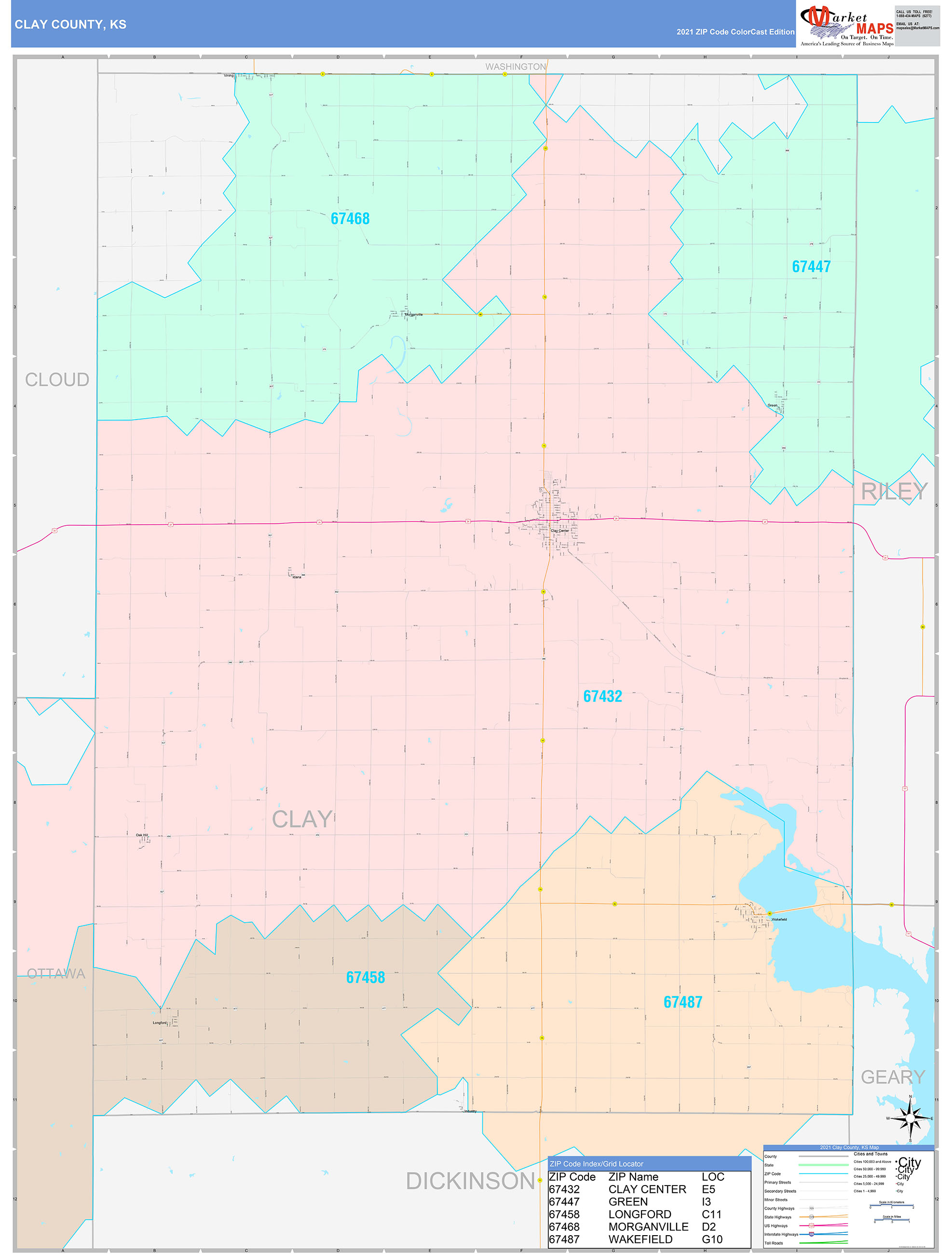 Clay County, KS Wall Map Color Cast Style by MarketMAPS MapSales