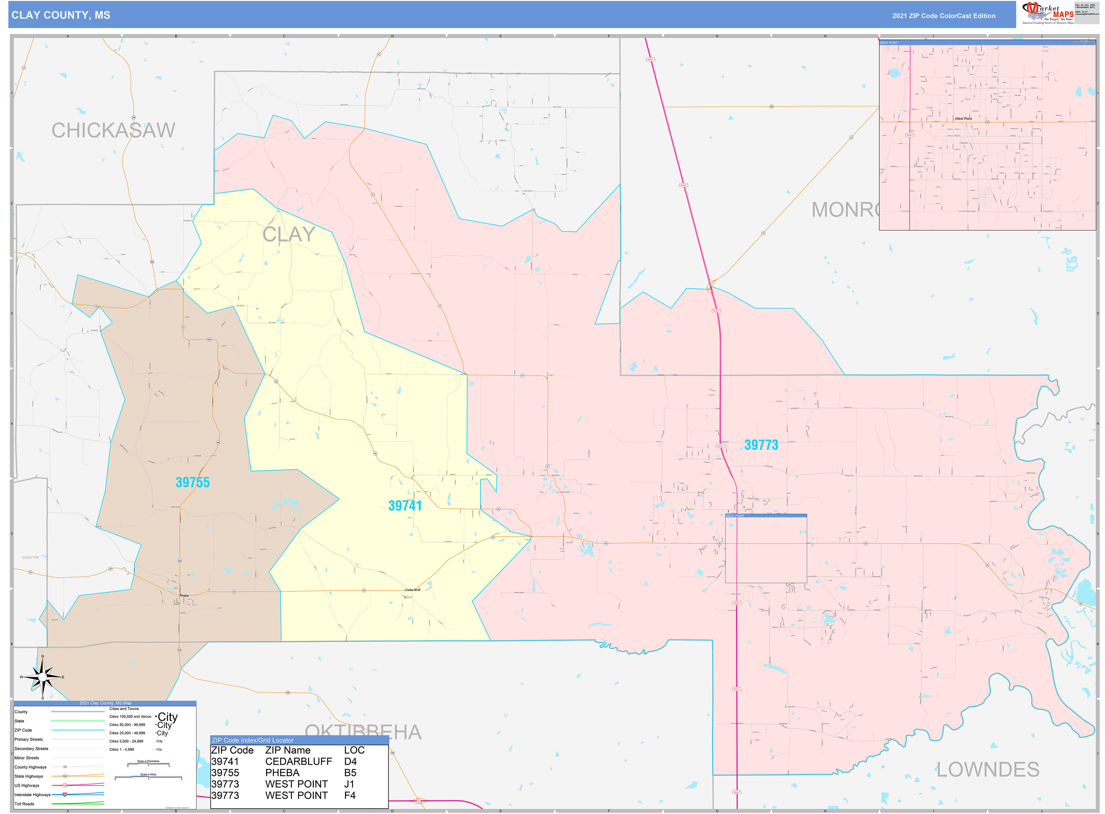 Clay County, MS Wall Map Color Cast Style by MarketMAPS