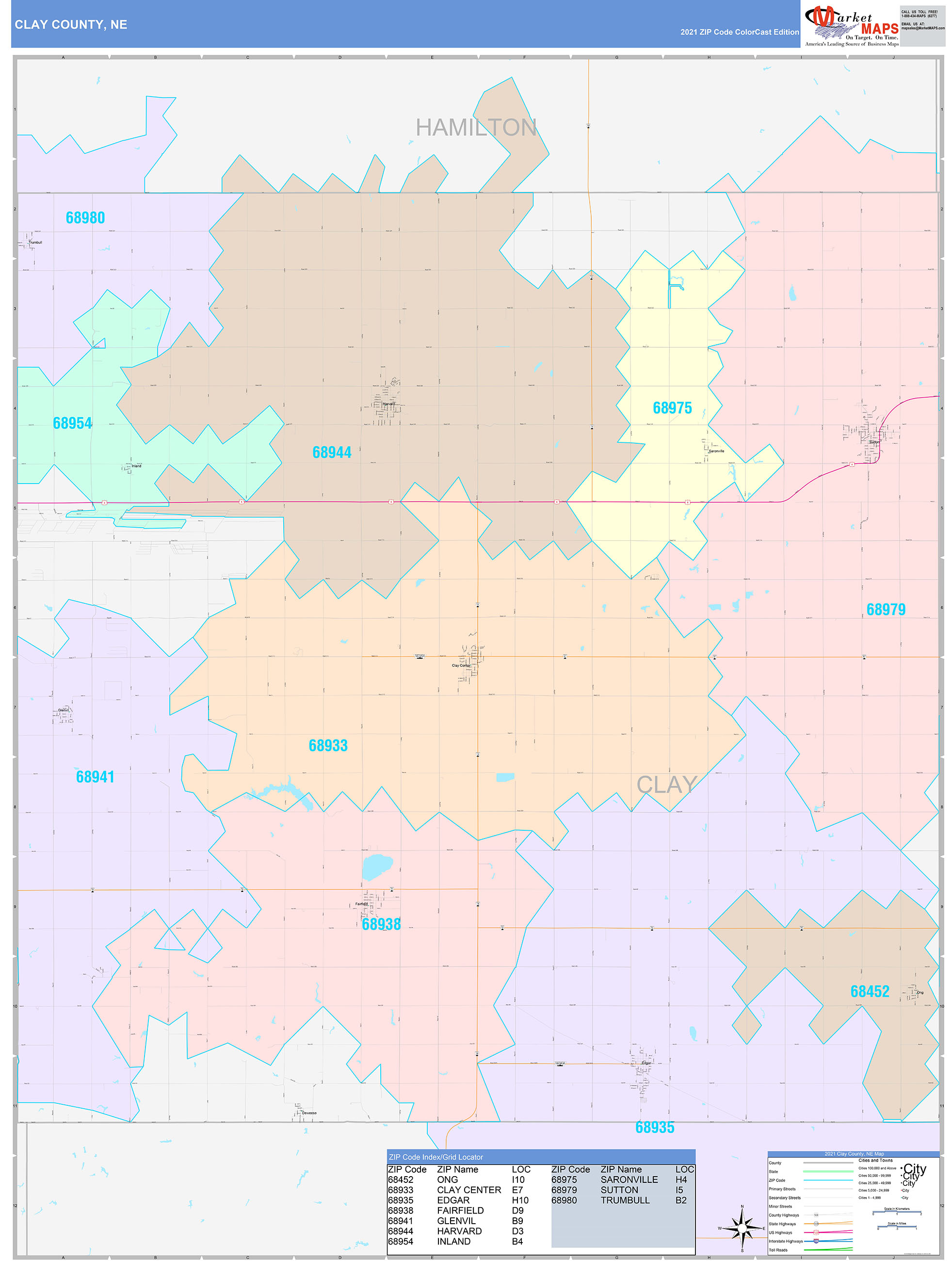 Clay County, NE Wall Map Color Cast Style by MarketMAPS