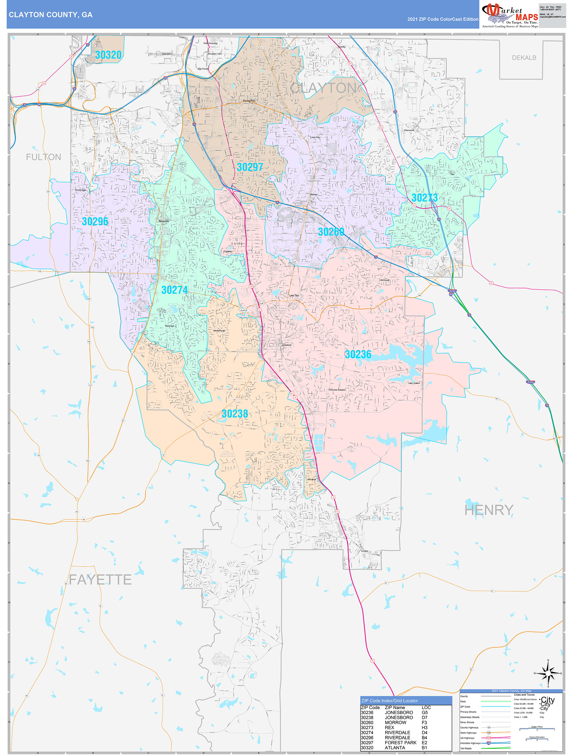 Clayton County GA Wall Map Color Cast Style By MarketMAPS MapSales