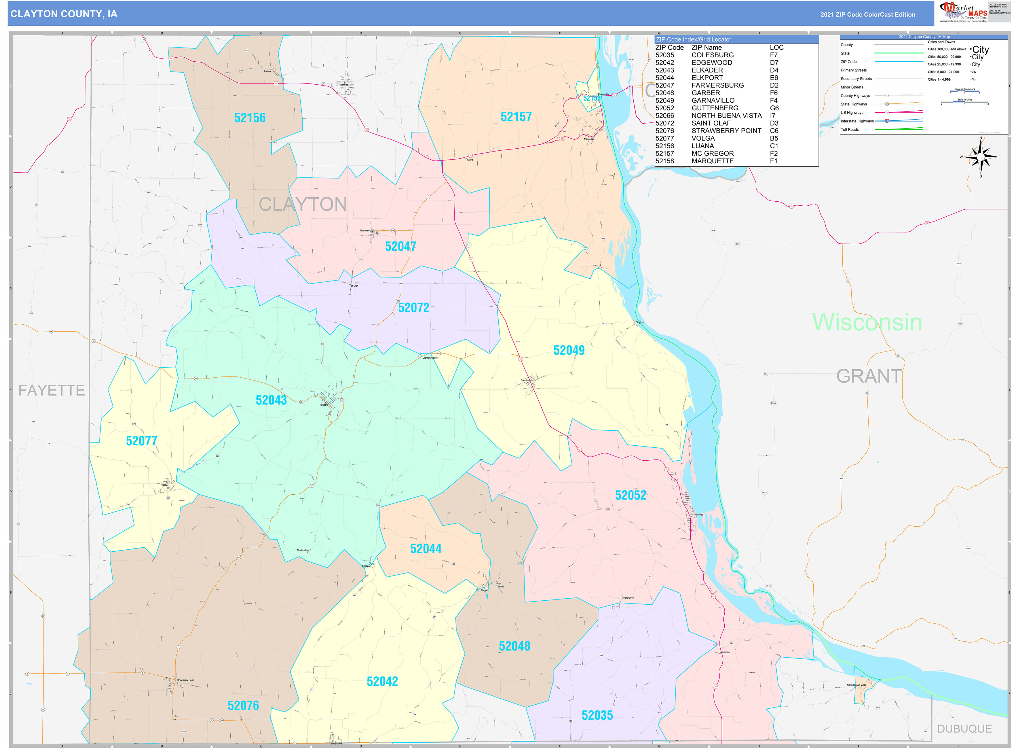 Clayton County, IA Wall Map Color Cast Style by MarketMAPS