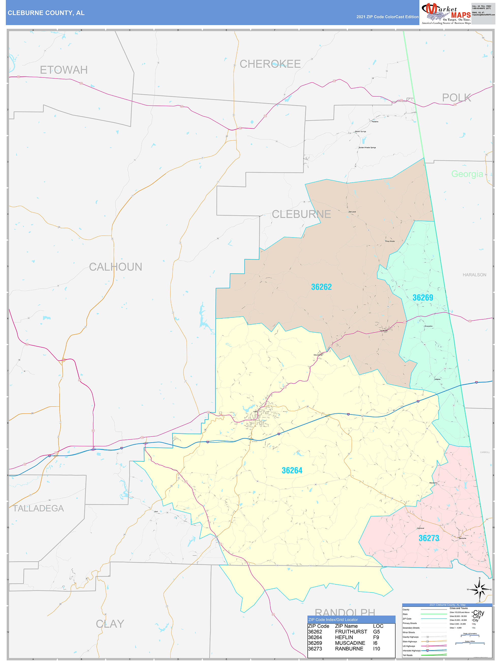 Cleburne County, AL Wall Map Color Cast Style by MarketMAPS