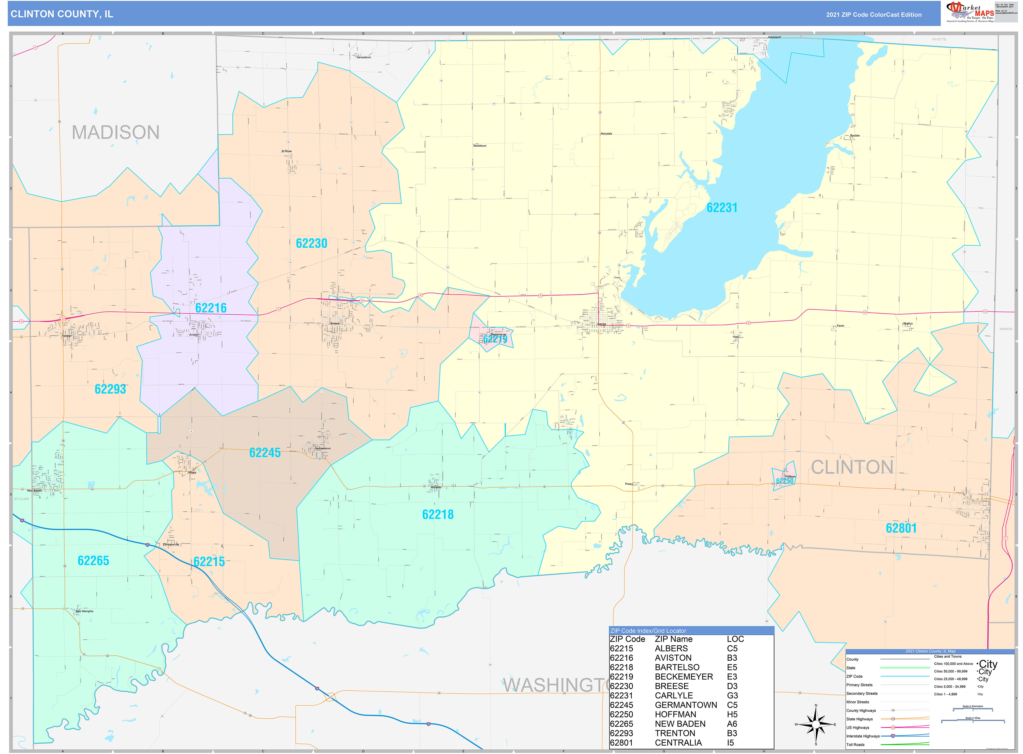 Clinton County, IL Wall Map Color Cast Style by MarketMAPS
