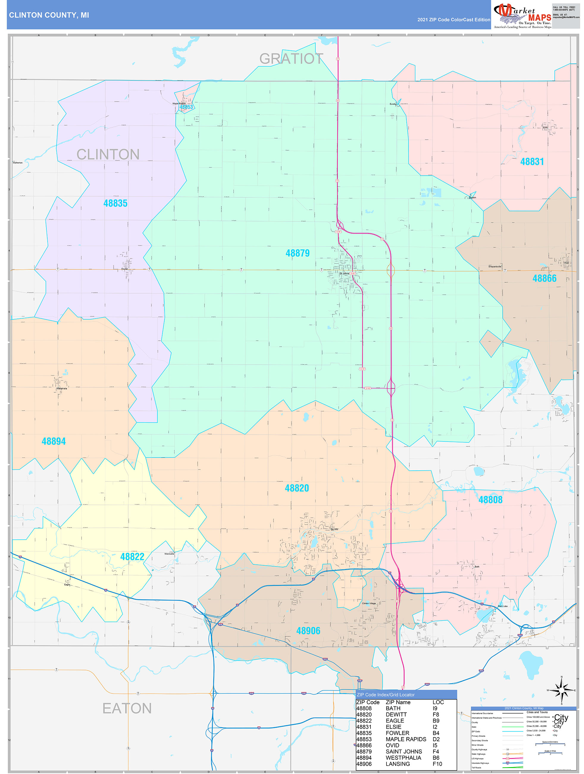 Clinton County, MI Wall Map Color Cast Style by MarketMAPS