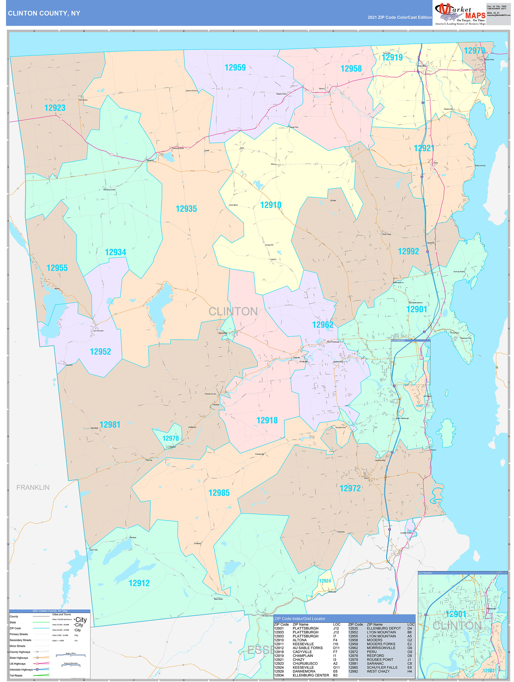 Clinton County, NY Wall Map Color Cast Style by MarketMAPS - MapSales.com