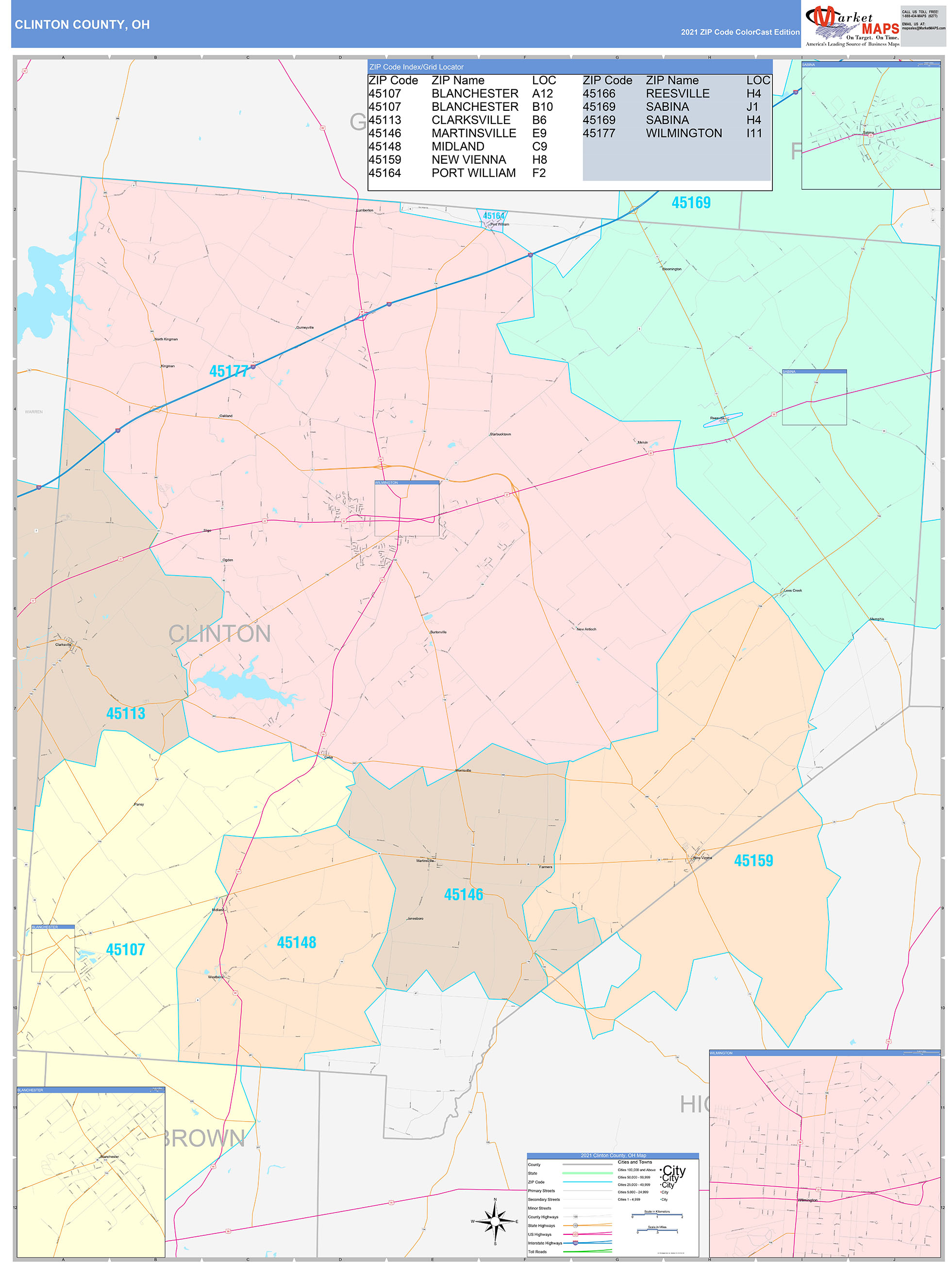 Clinton County, OH Wall Map Color Cast Style by MarketMAPS