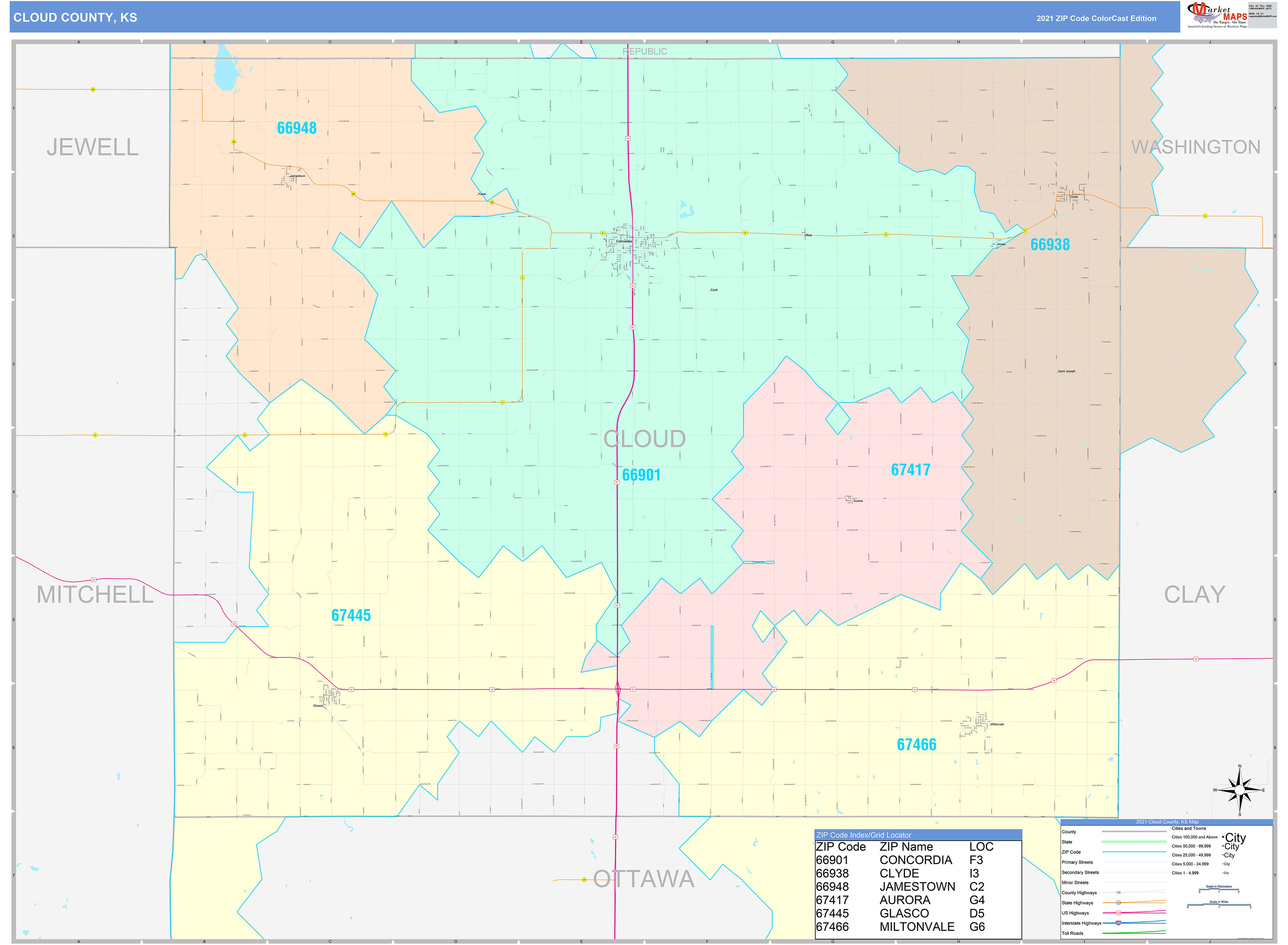 Cloud County, KS Wall Map Color Cast Style by MarketMAPS