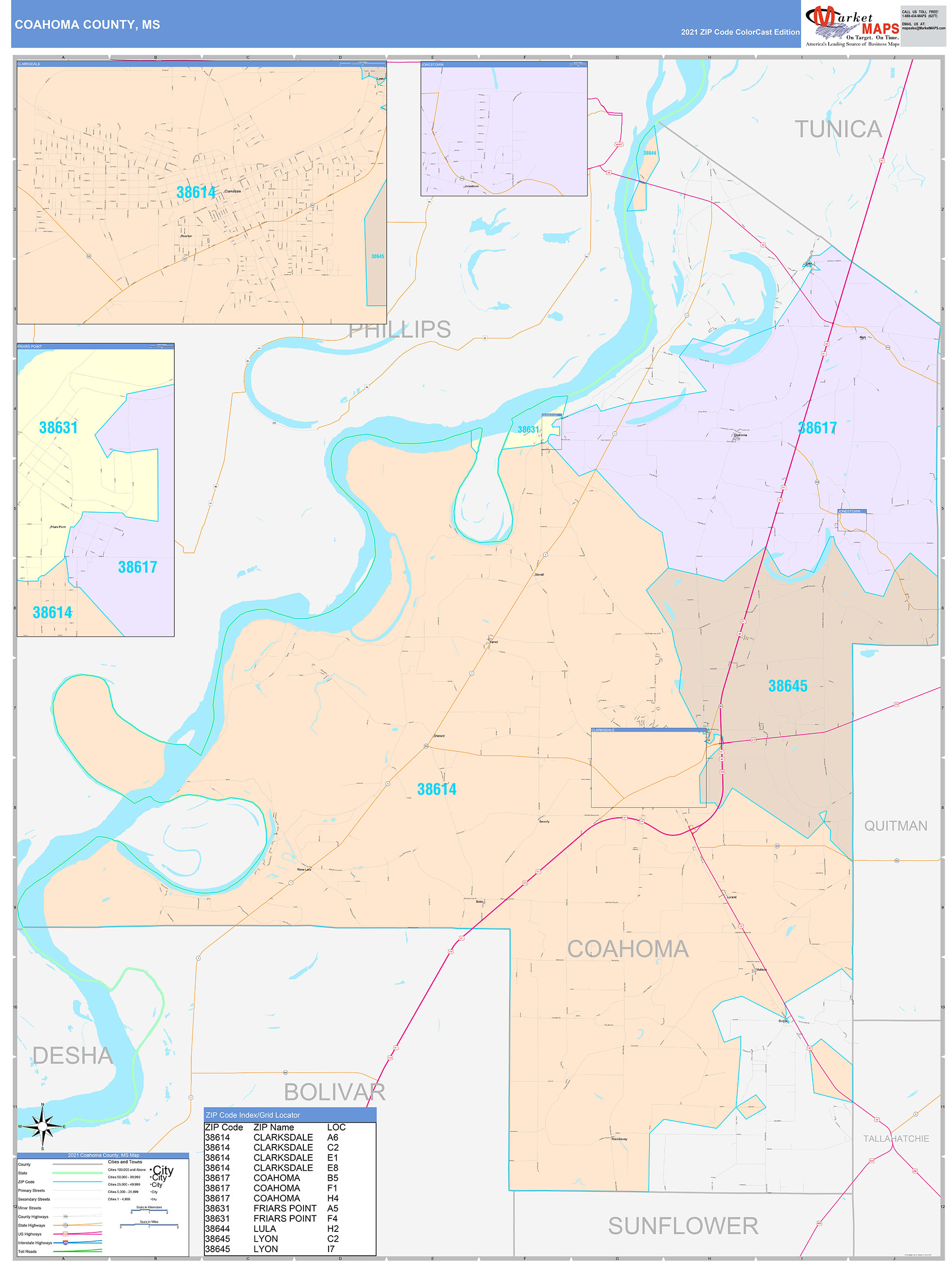 Coahoma County, MS Wall Map Color Cast Style by MarketMAPS