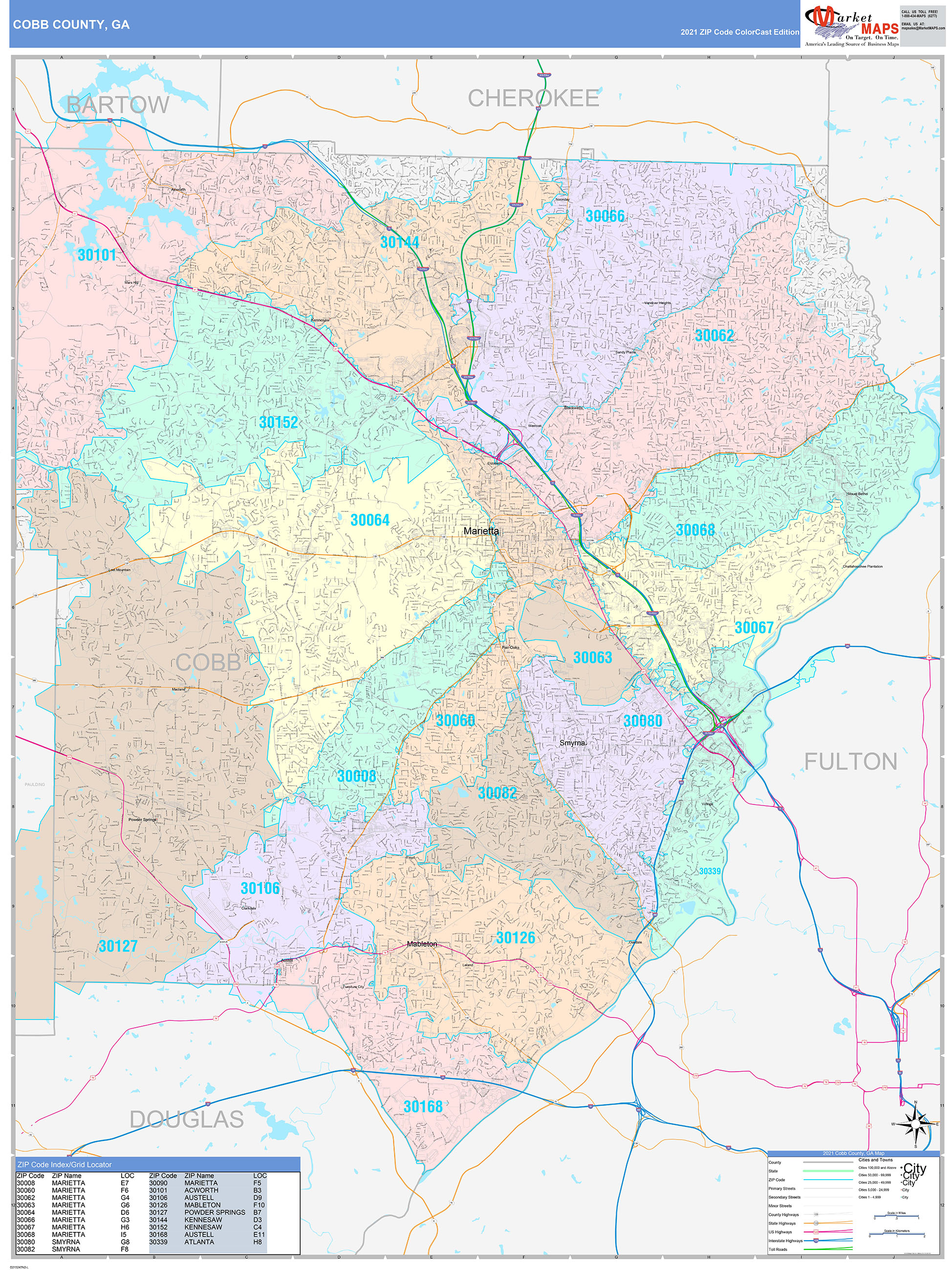 cobb-county-ga-wall-map-color-cast-style-by-marketmaps-mapsales