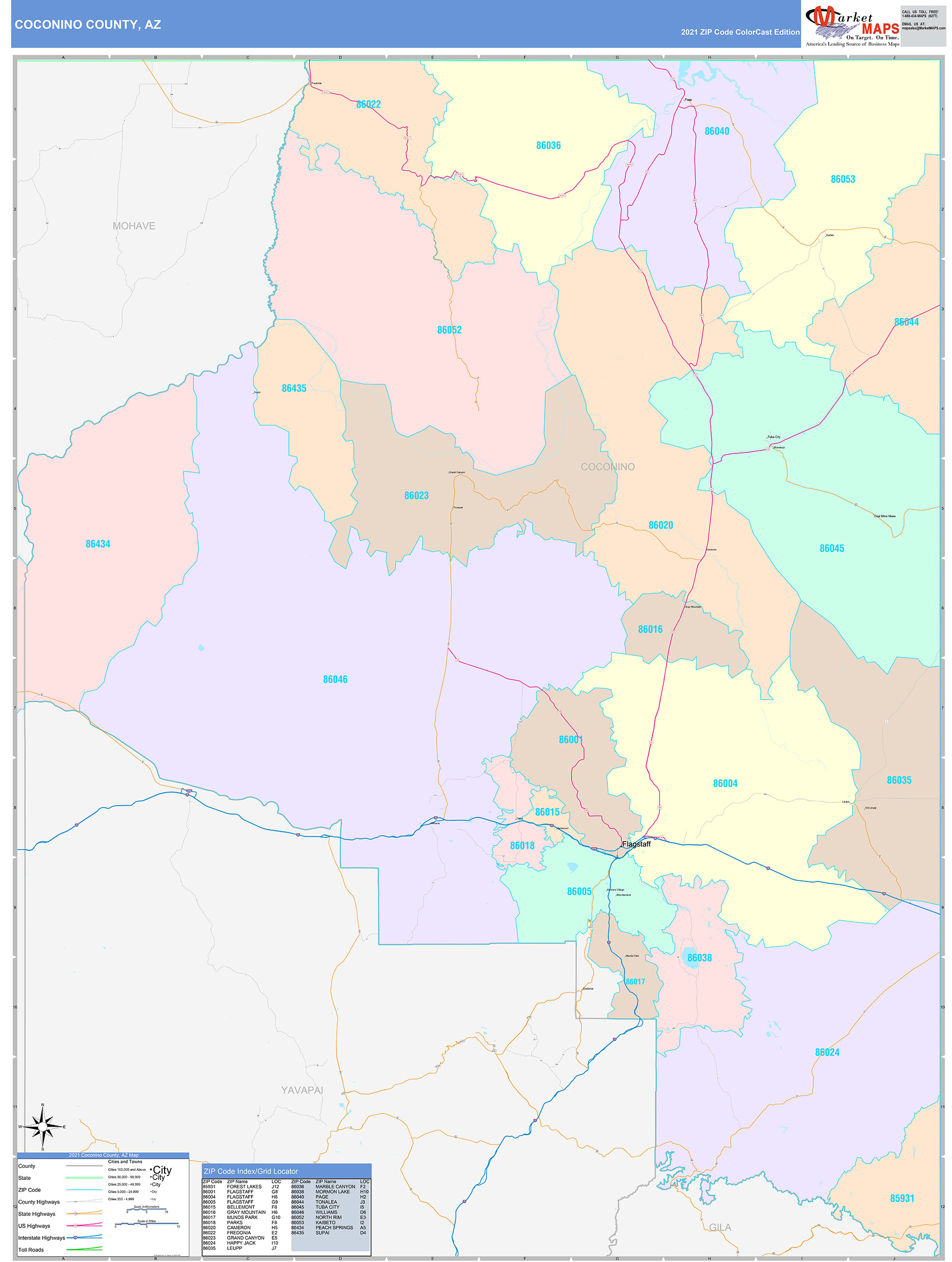 Coconino County, AZ Wall Map Color Cast Style by MarketMAPS