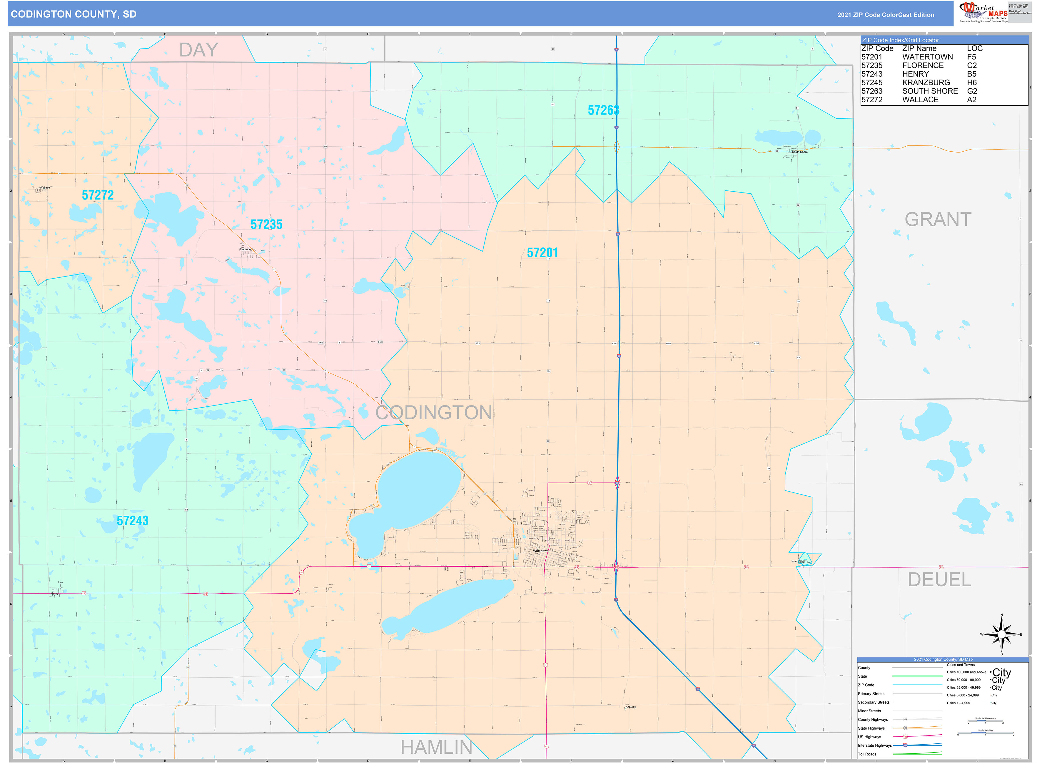 Codington County, SD Wall Map Color Cast Style by MarketMAPS